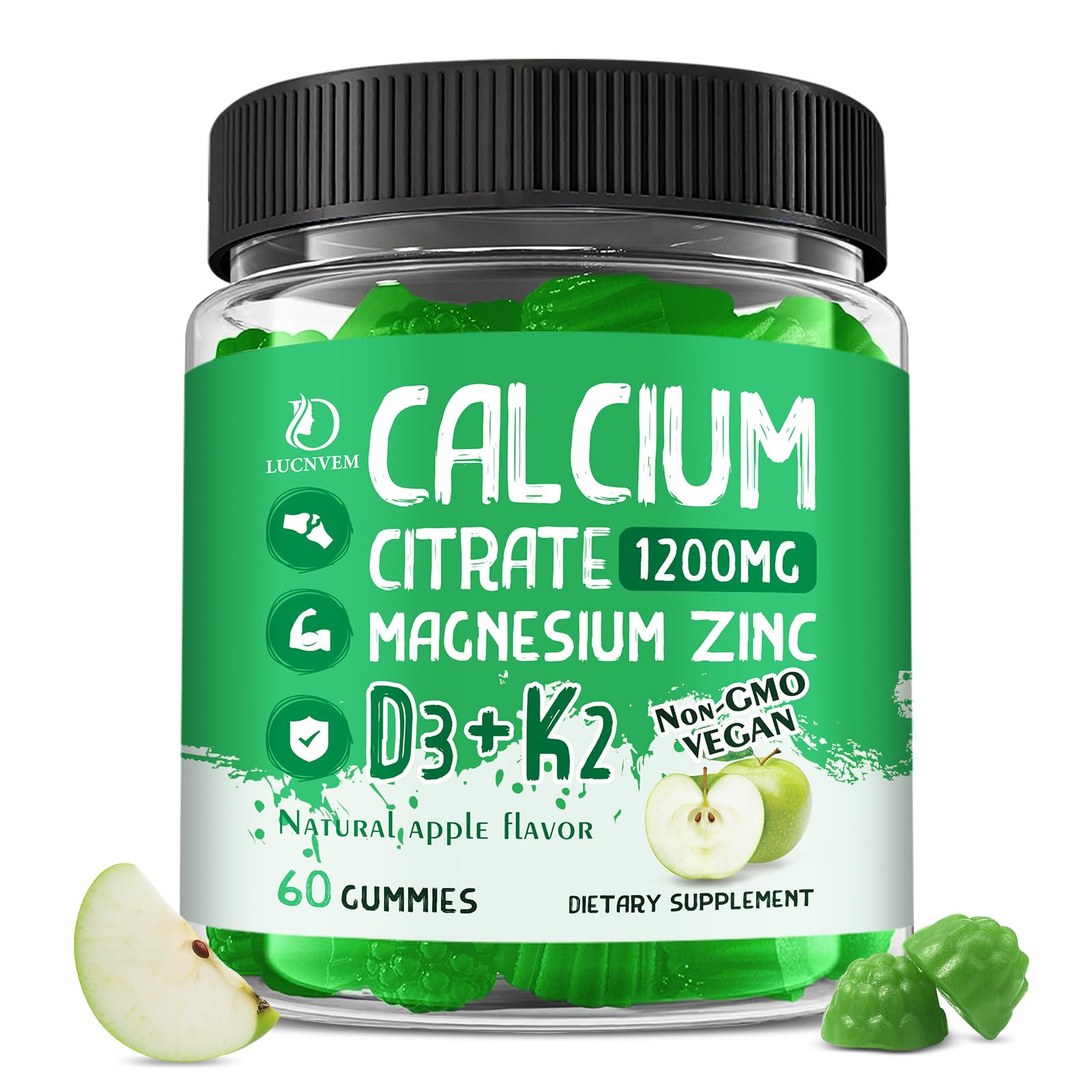 LUCNVEM front packaging jar showing apple-flavored gummy supplement and branding benefits