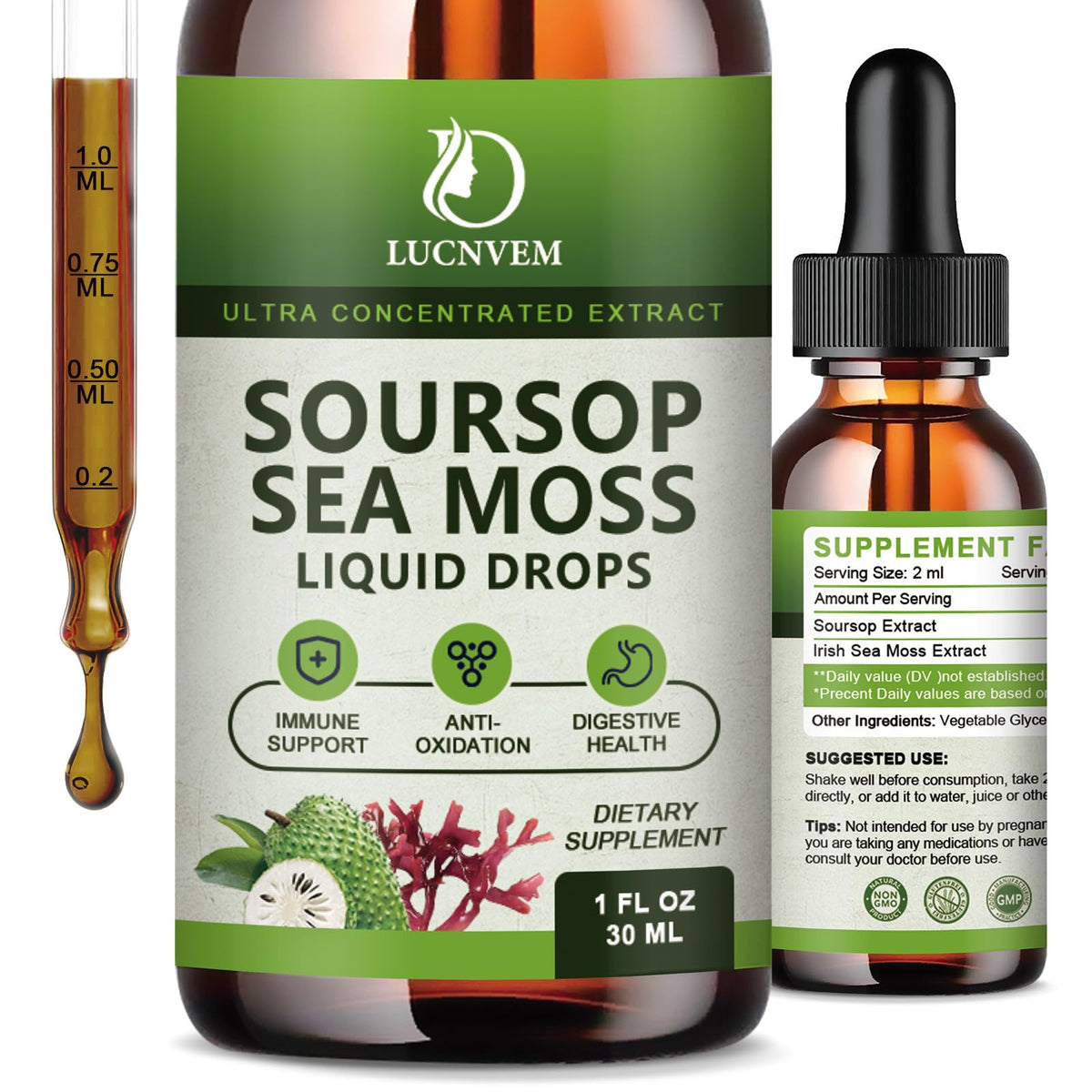 Front view of LUCNVEM Soursop Graviola with Sea Moss Liquid Drops bottle