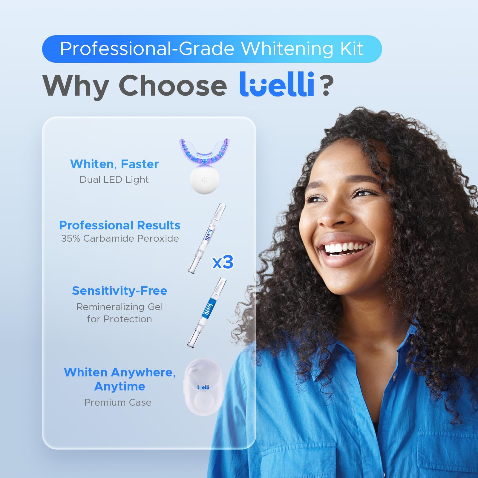 Dual LED modes: blue for stains, blue+red for whitening and soothing