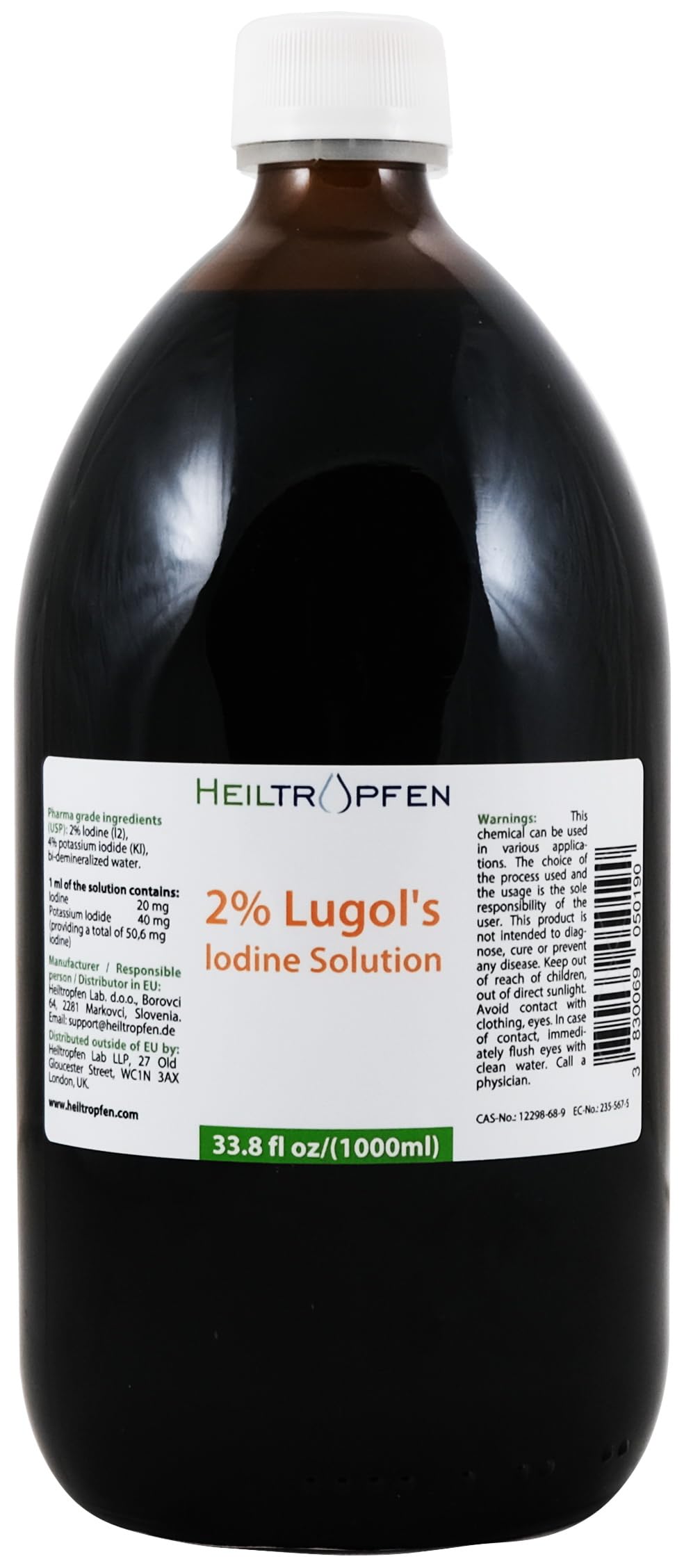 Dark amber Lugols bottle viewed from the side