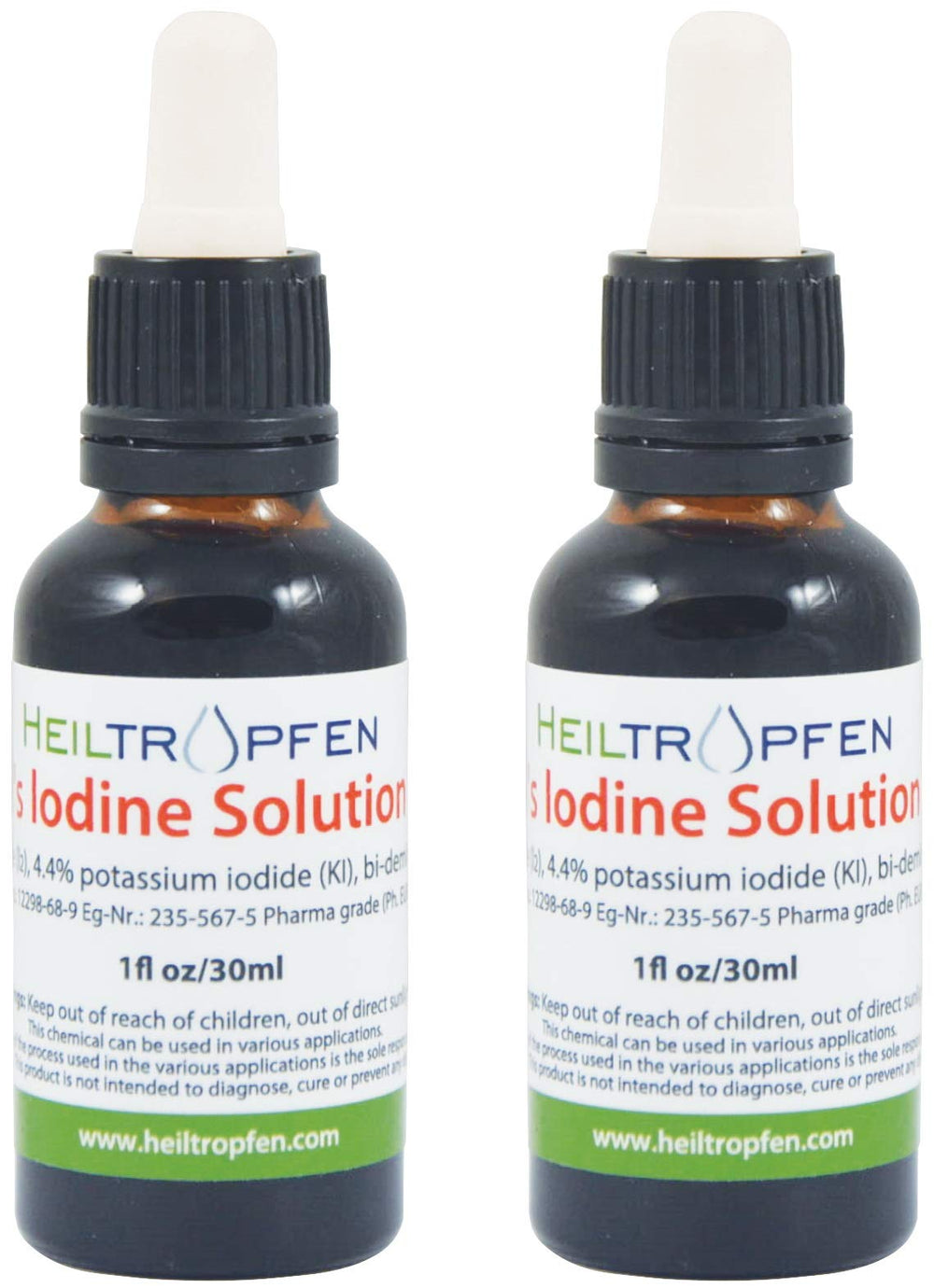 Two bottles of Lugol's iodine solution, 2x1 fl oz (2x30 ml), pharmaceutical-grade.