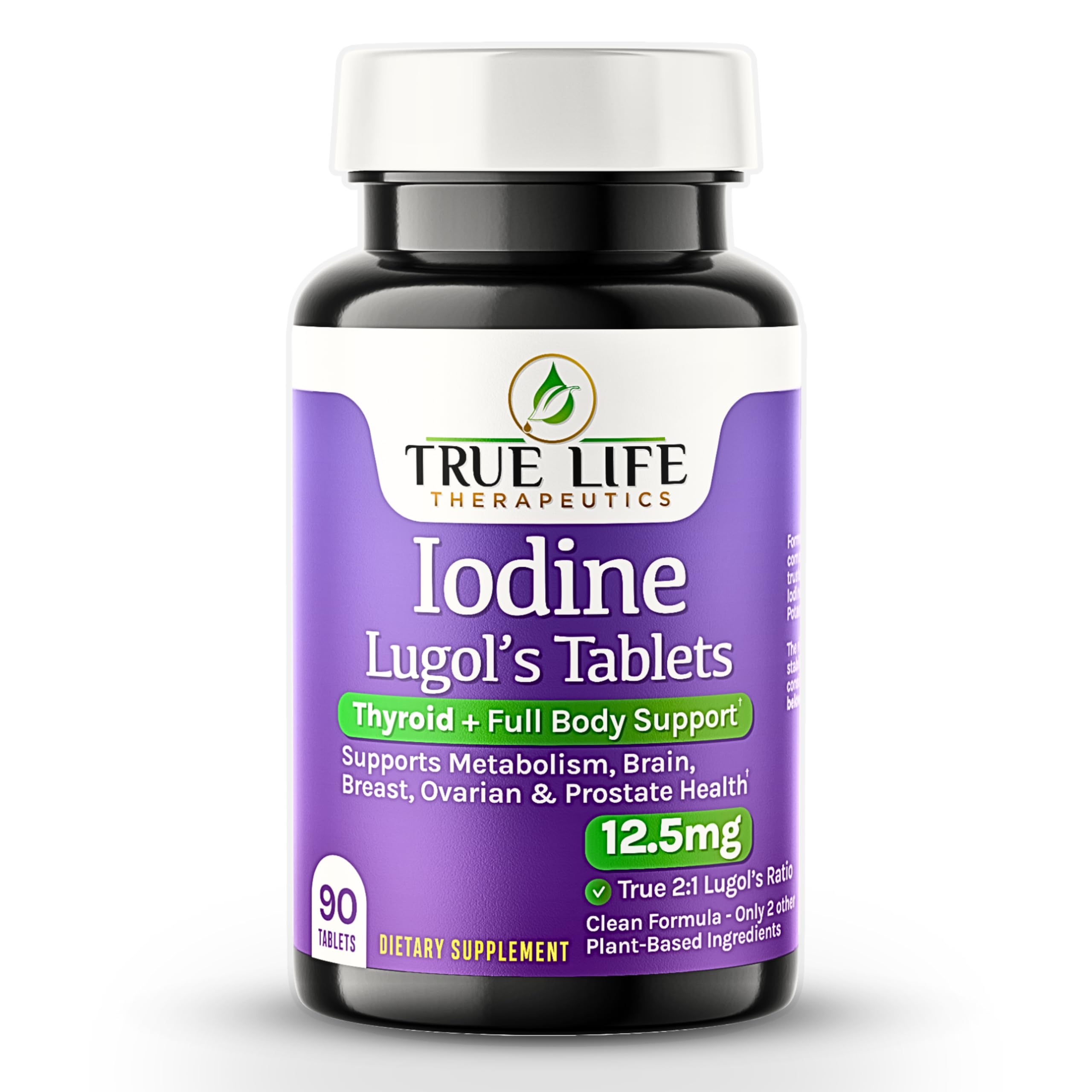Front view of Lugol's iodine tablets bottle with 12.5 mg per tablet