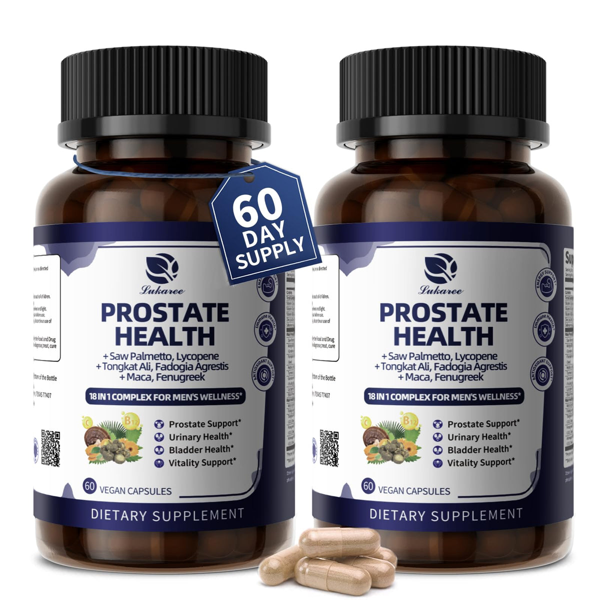 Lukaree Prostate Health 18-in-1 bottle and 2-pack box front view