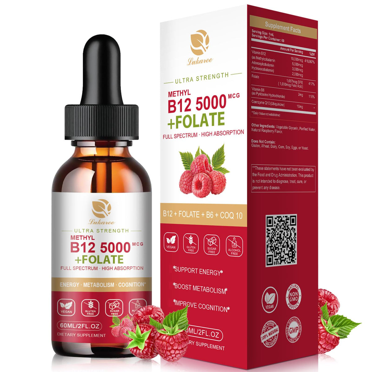 Front view of Lukaree Vitamin B12 Sublingual Drops bottle