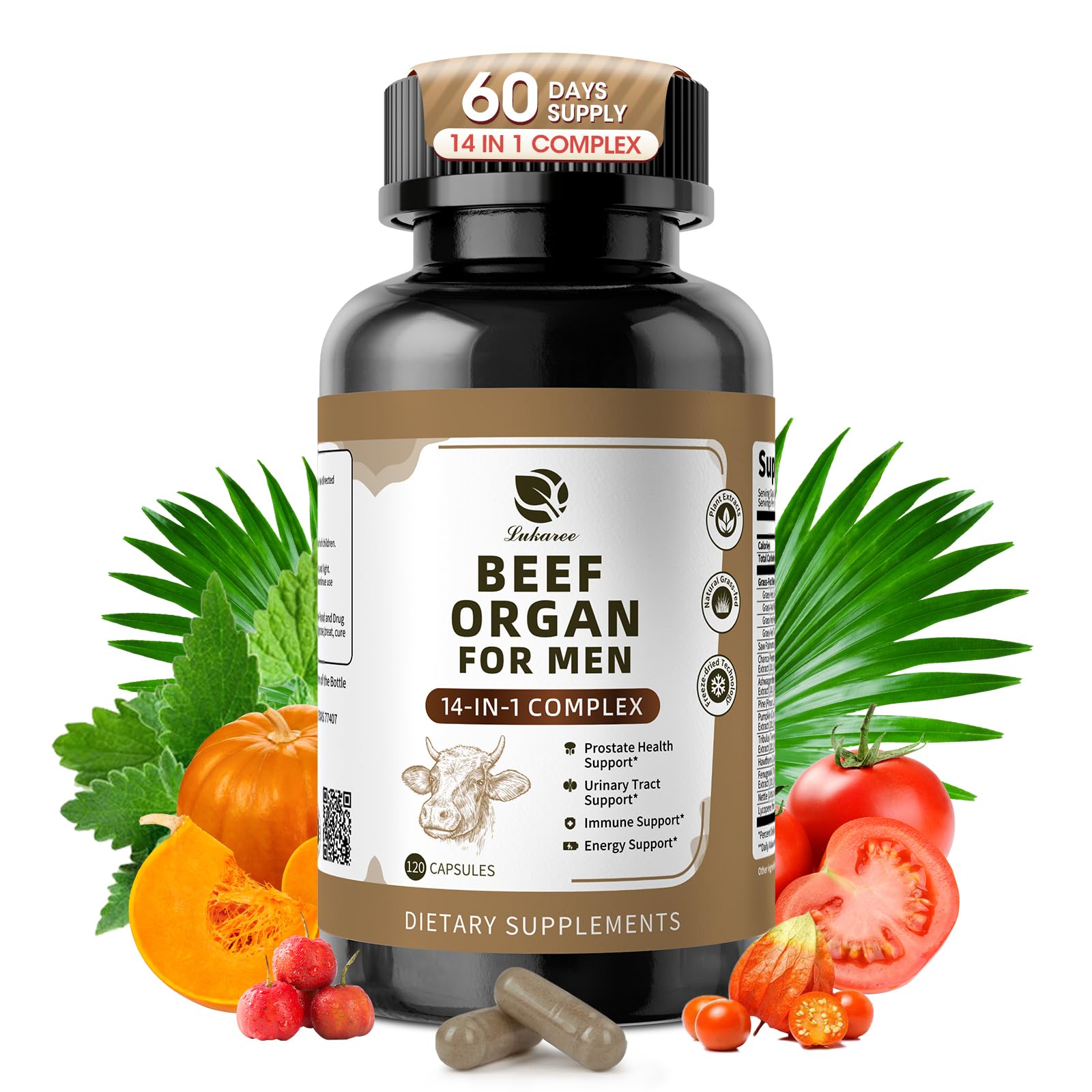 Hero image of Lukaree 14-in-1 Beef Organ Supplement for Men with 120 capsules.