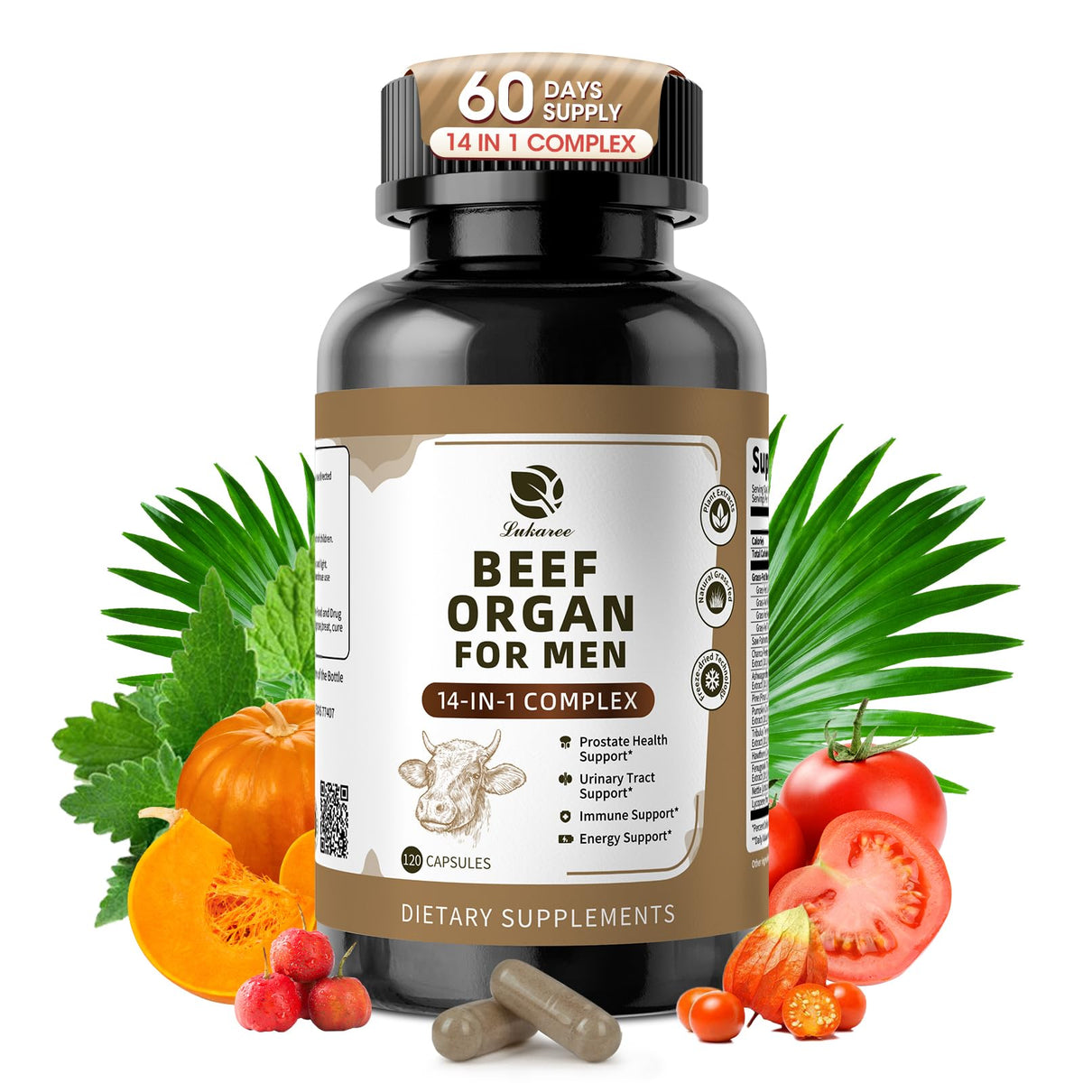 Hero image of Lukaree 14-in-1 Beef Organ Supplement for Men with 120 capsules.