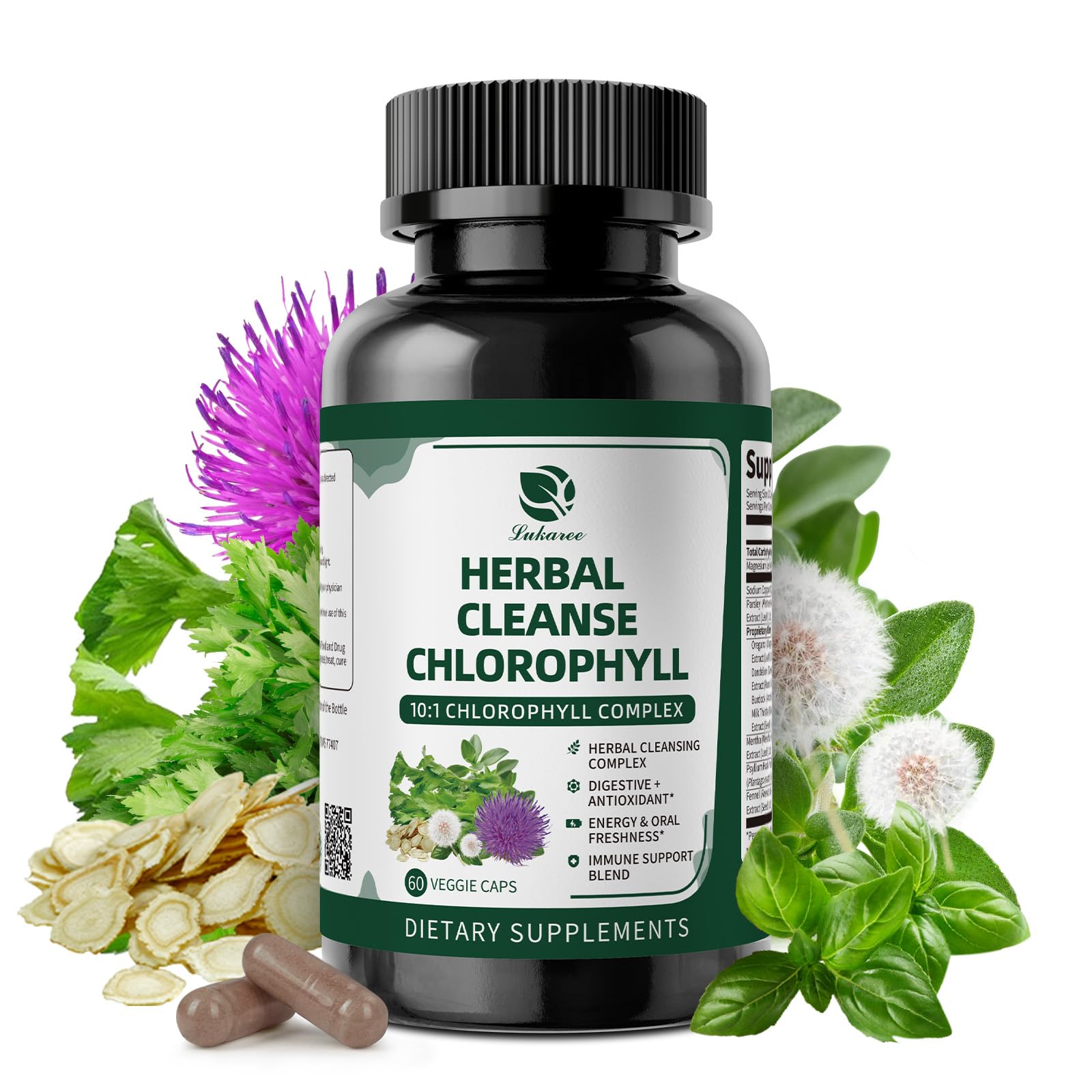 Bottle of Lukaree Chlorophyll Herbal Complex Capsules on white background
