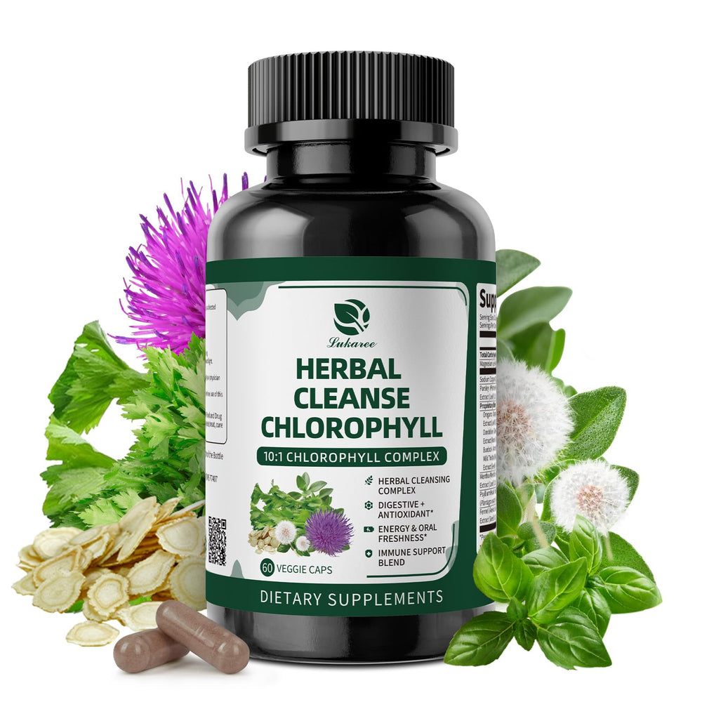 Bottle of Lukaree Chlorophyll Herbal Complex Capsules on white background