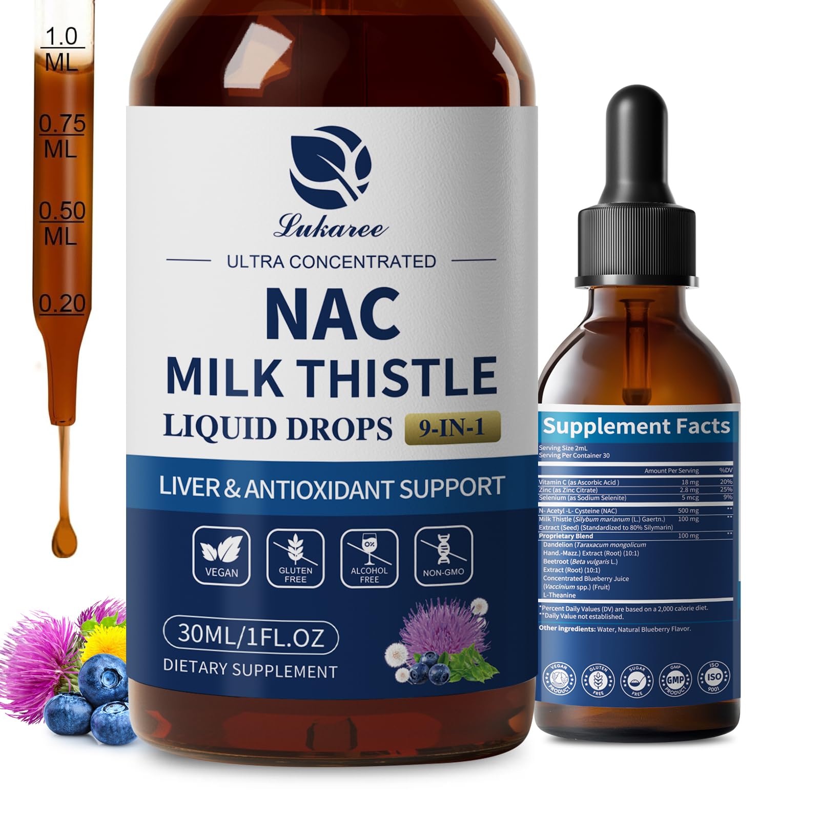 Lukaree Liposomal NAC 600mg with Milk Thistle 2oz bottle