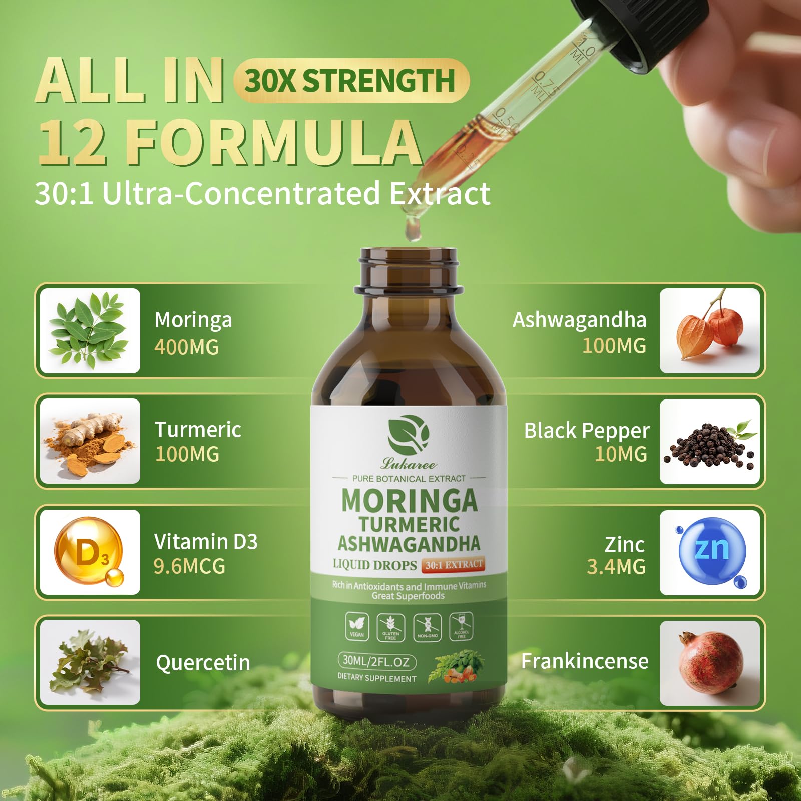 Energizing moringa blend for immune support with Ashwagandha and Turmeric.