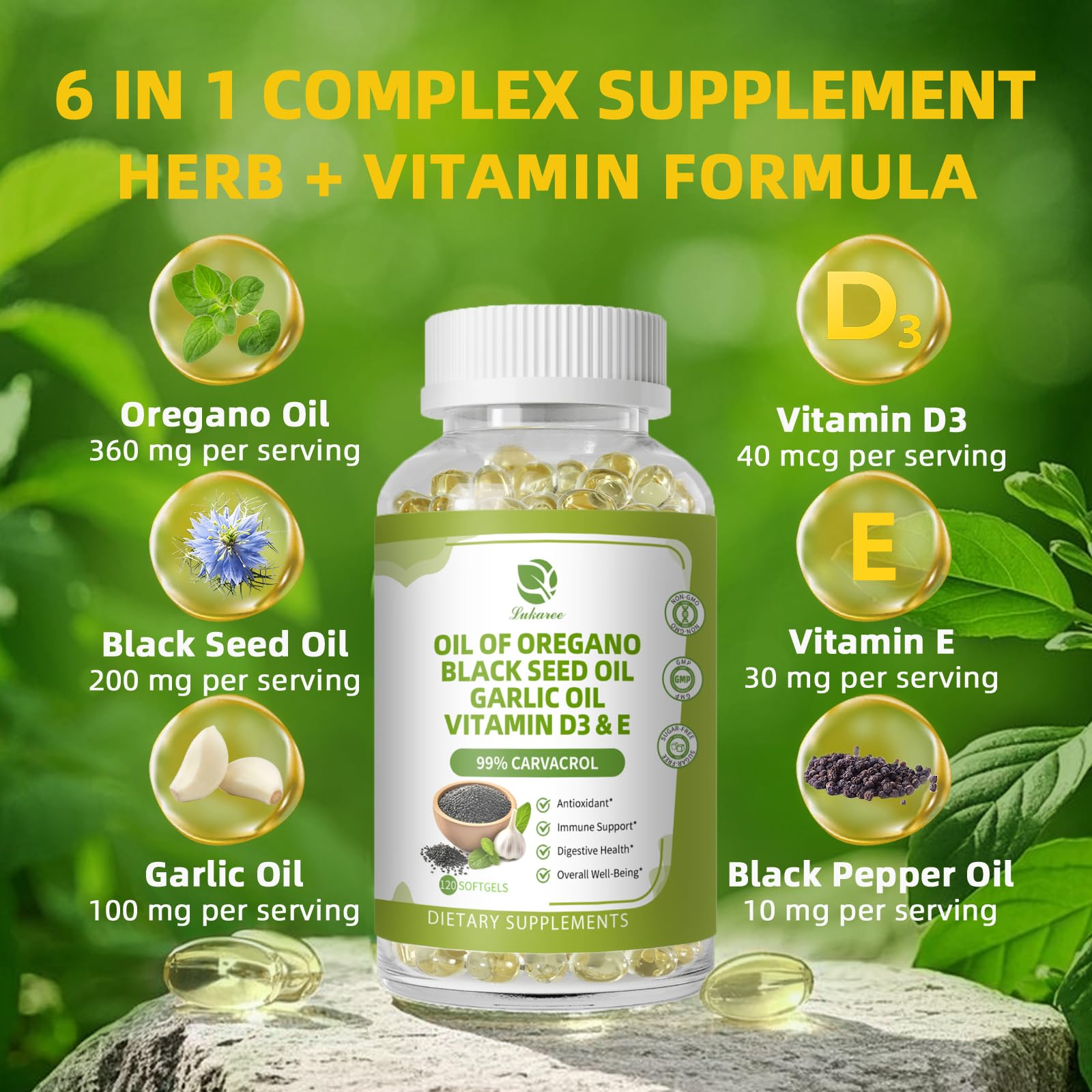 Close-up of Lukaree oregano oil softgel capsules