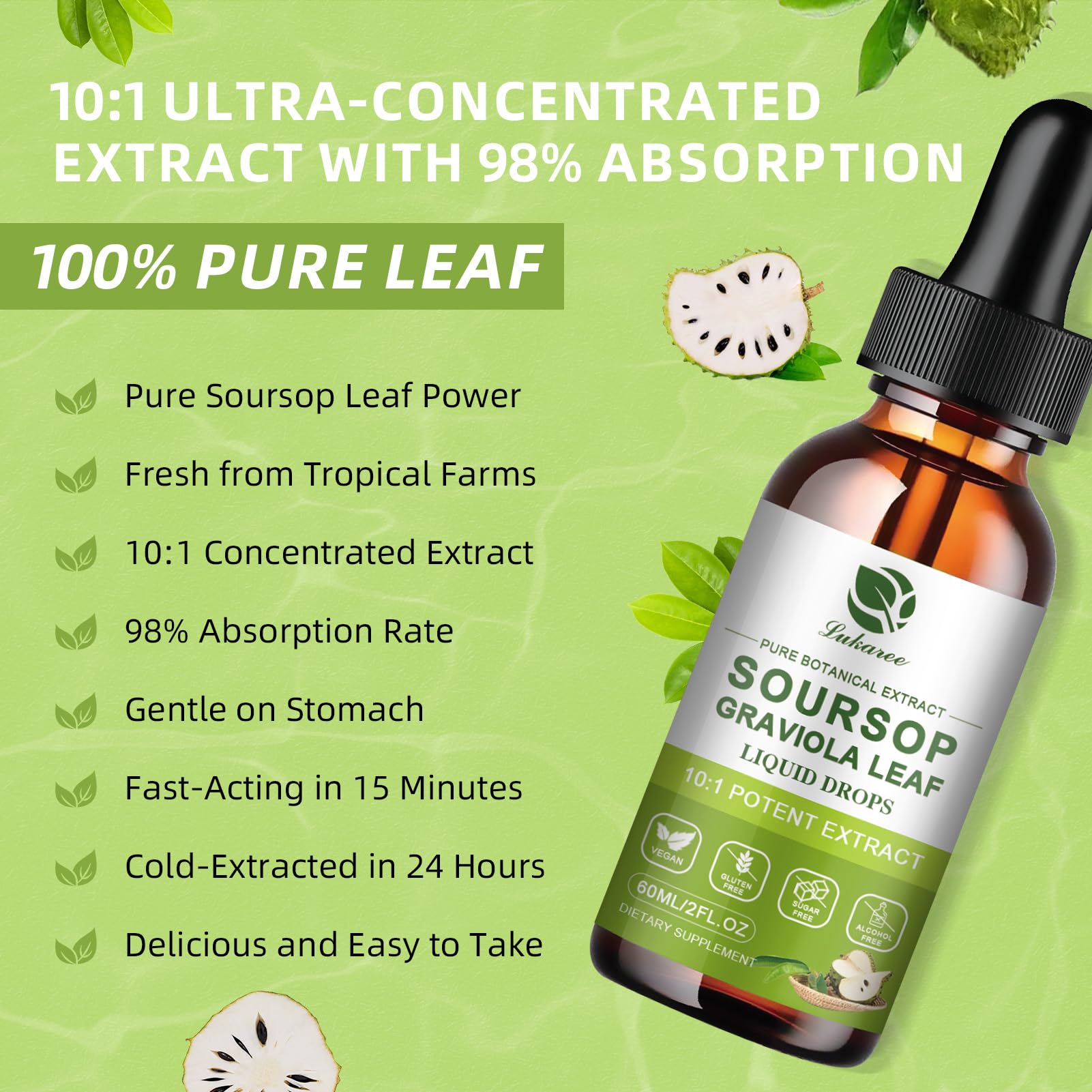Dropper releasing Lukaree Soursop Leaf Extract Drops showing potency