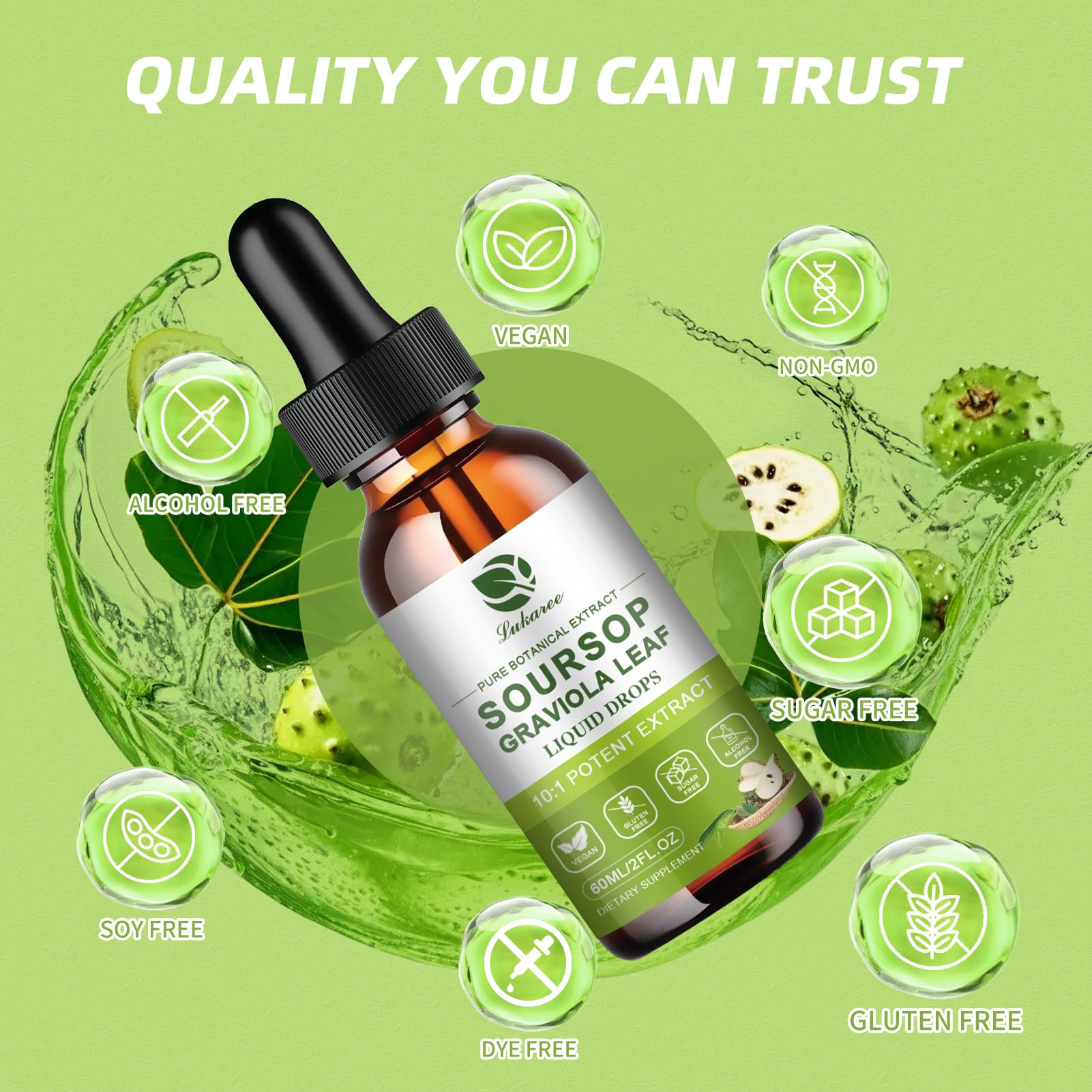 Bottled Lukaree Soursop Leaf Extract Drops with vegan, alcohol-free, non-GMO attributes