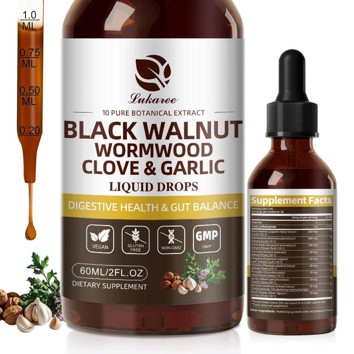 Lukaree Black Walnut Wormwood tincture bottle with dropper