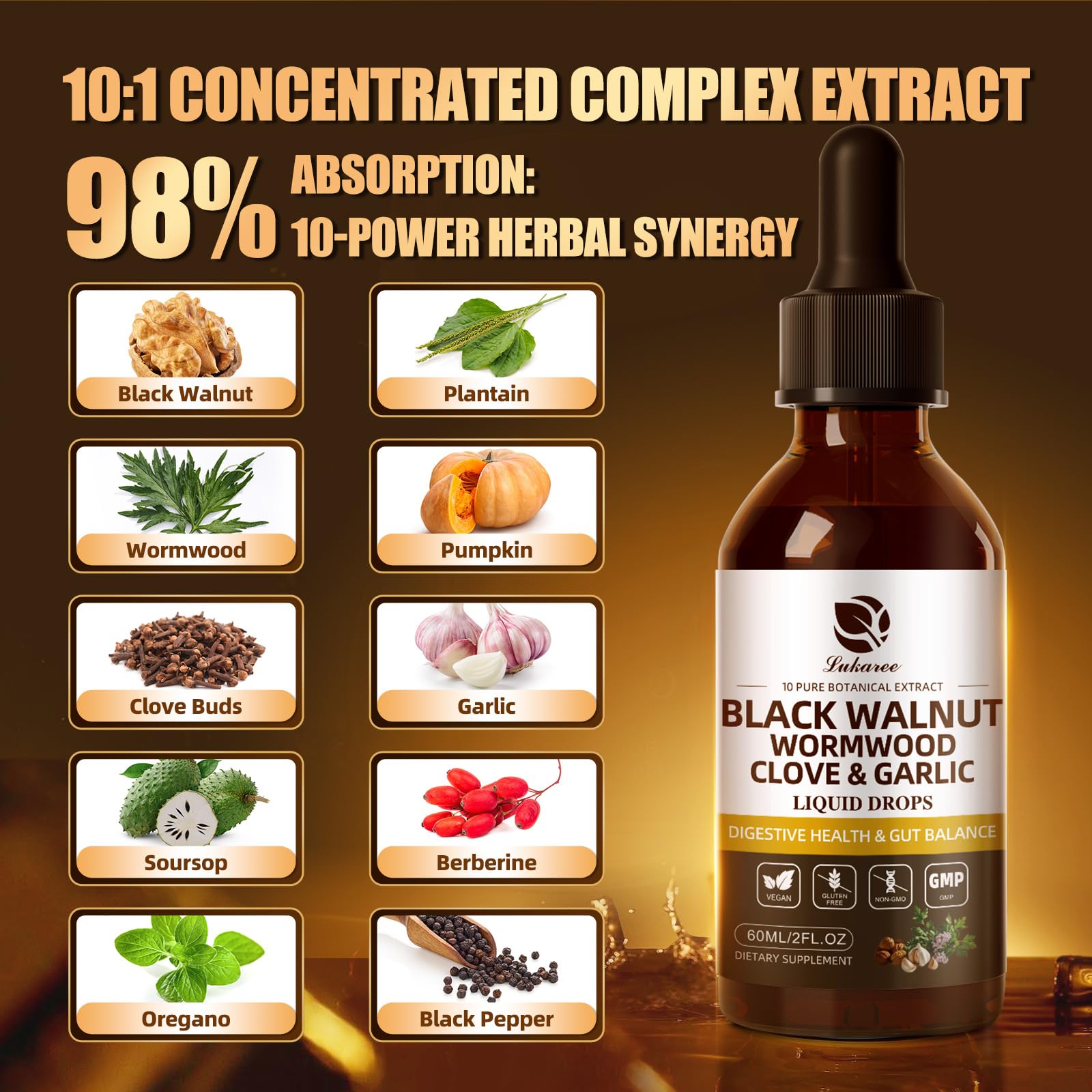 Ingredients panel showing black walnut, wormwood, oregano, garlic, berberine