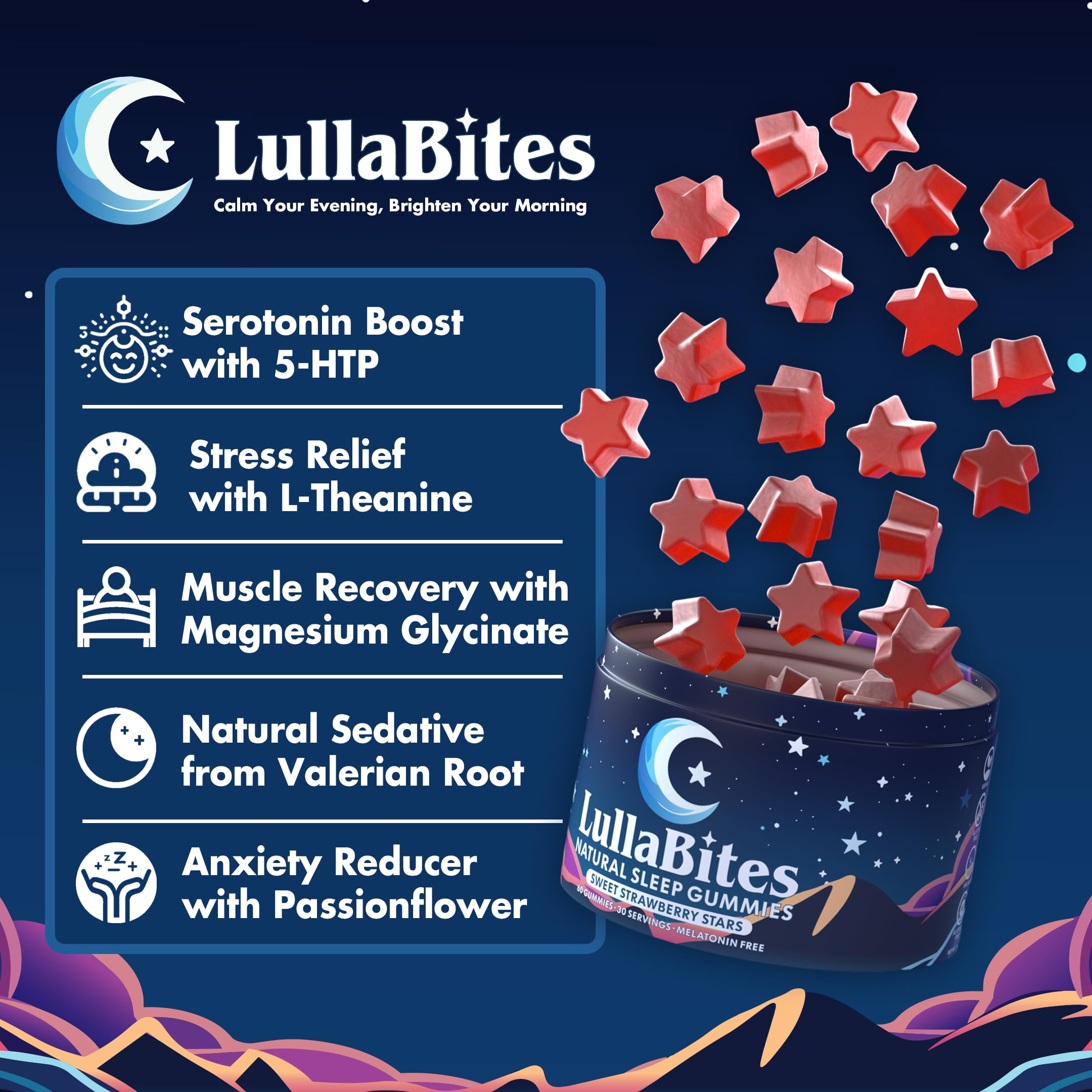LullaBites ingredients: 5-HTP, L-Theanine, magnesium, valerian root and passionflower
