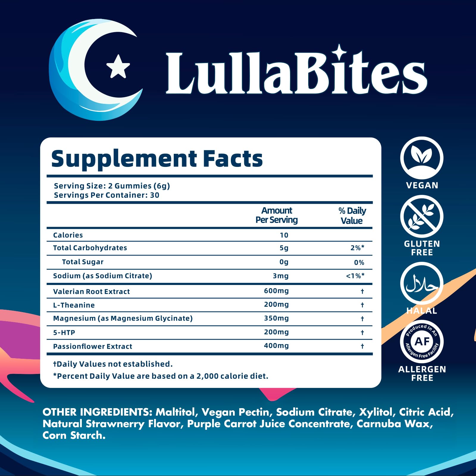 Serving information for LullaBites Sleep Gummies: 30 servings per container