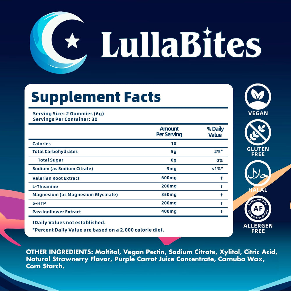 Serving information for LullaBites Sleep Gummies: 30 servings per container