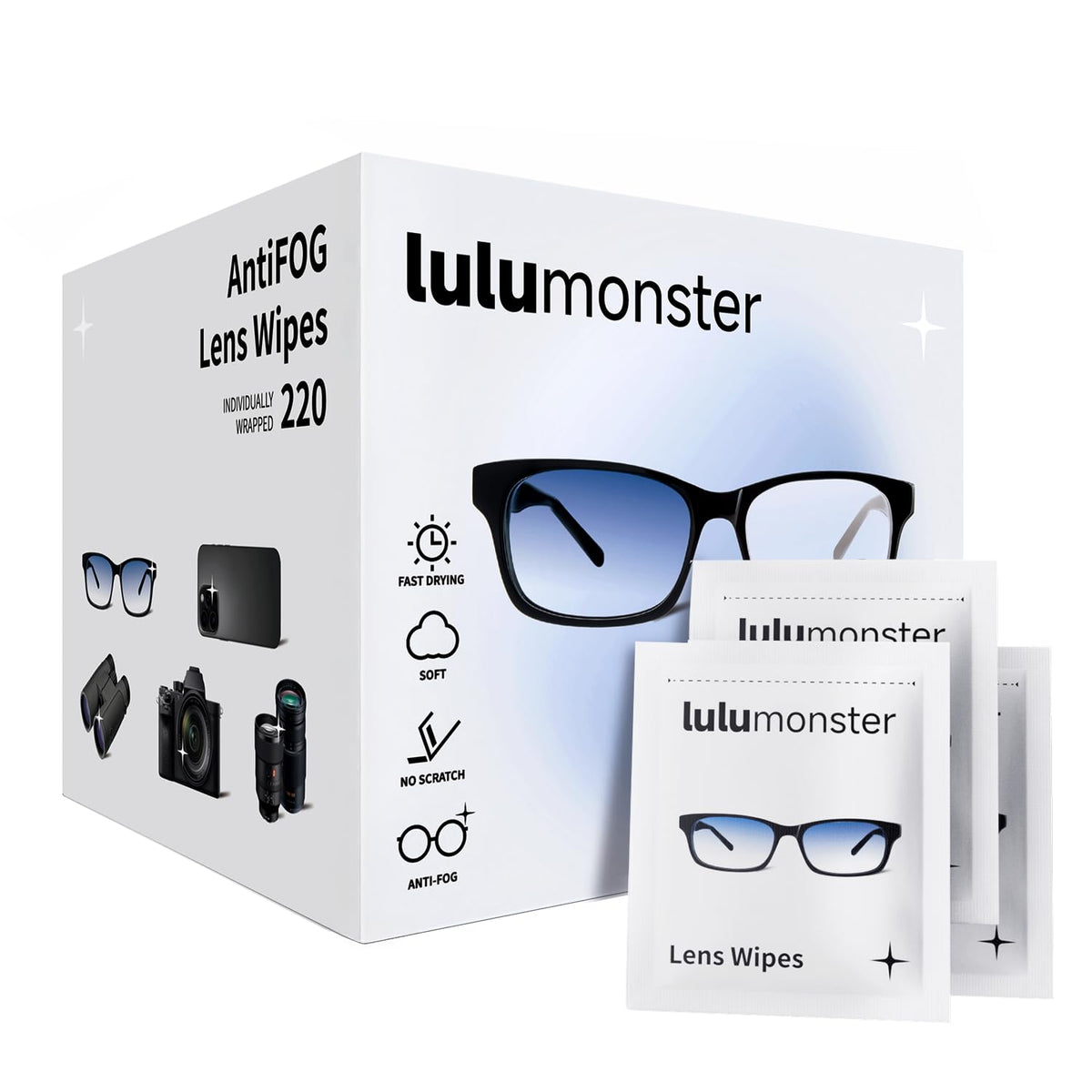 Lulumonster anti-fog lens wipes box and sachets