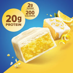 Lulurose Pure Protein Bars Lemon Cake nutrition panel highlights low sugar and calories.