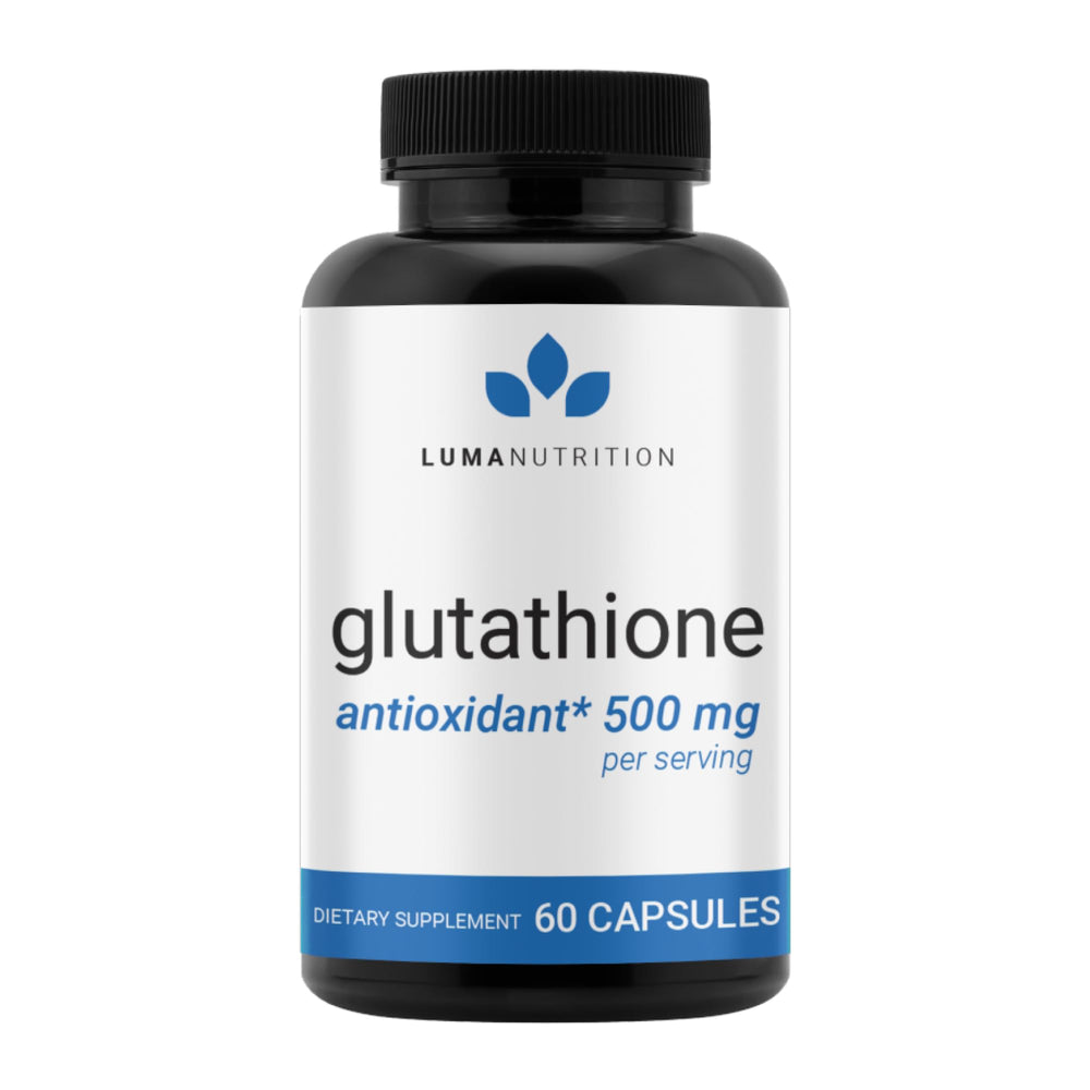 Front view of Luma Nutrition Glutathione 500mg bottle