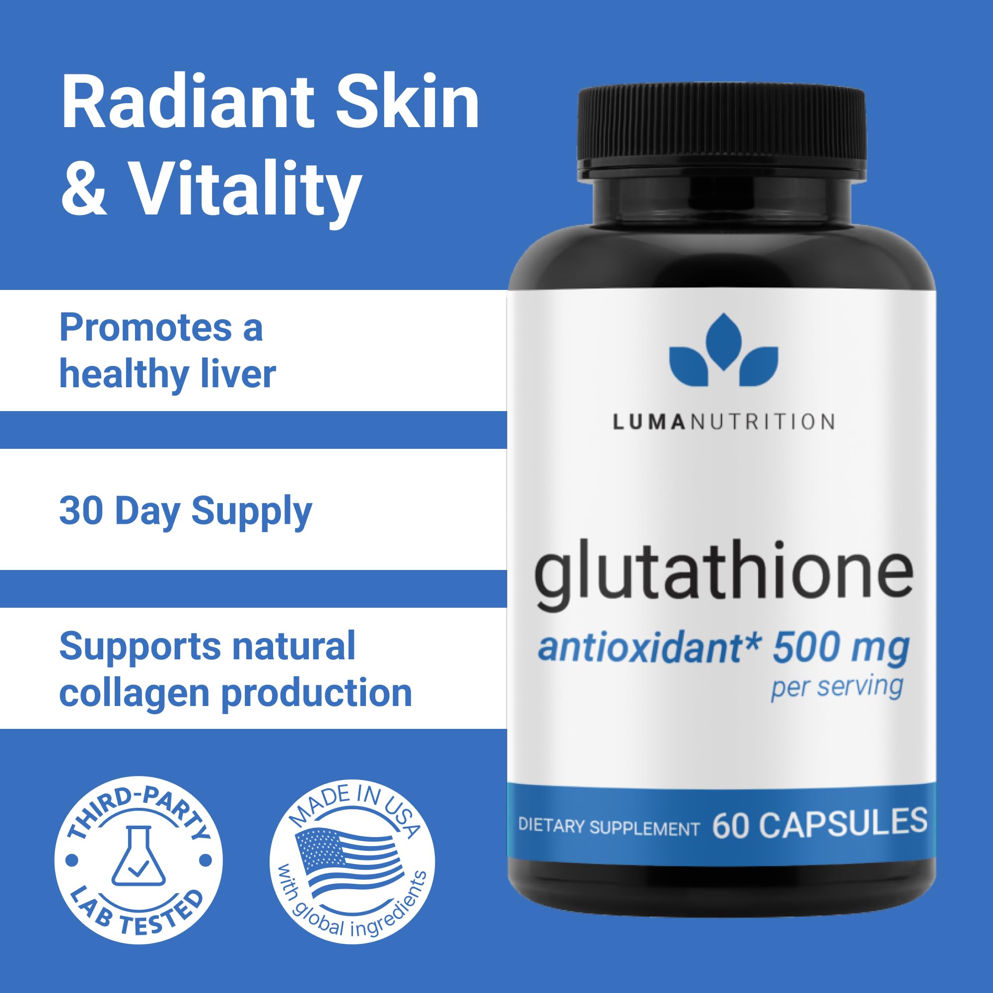 Side view of Luma Nutrition Glutathione 500mg bottle
