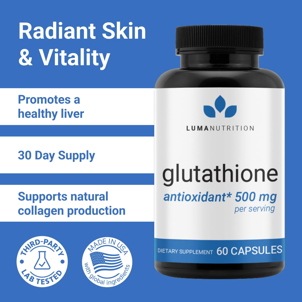 Side view of Luma Nutrition Glutathione 500mg bottle