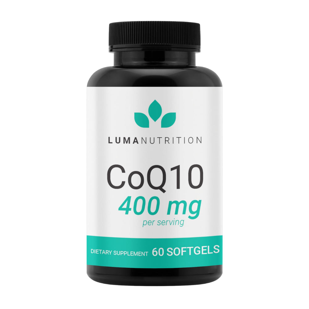 Front view of Luma Nutrition CoQ10 400mg softgels bottle, 60-count