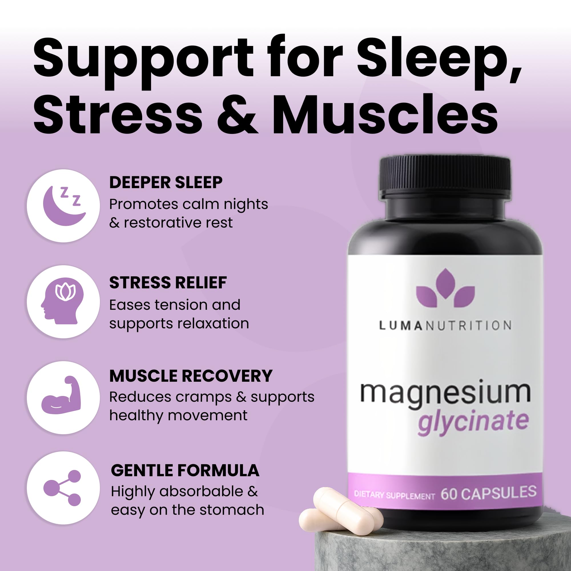 Luma Nutrition Magnesium Glycinate capsule close-up shows dosage and texture.