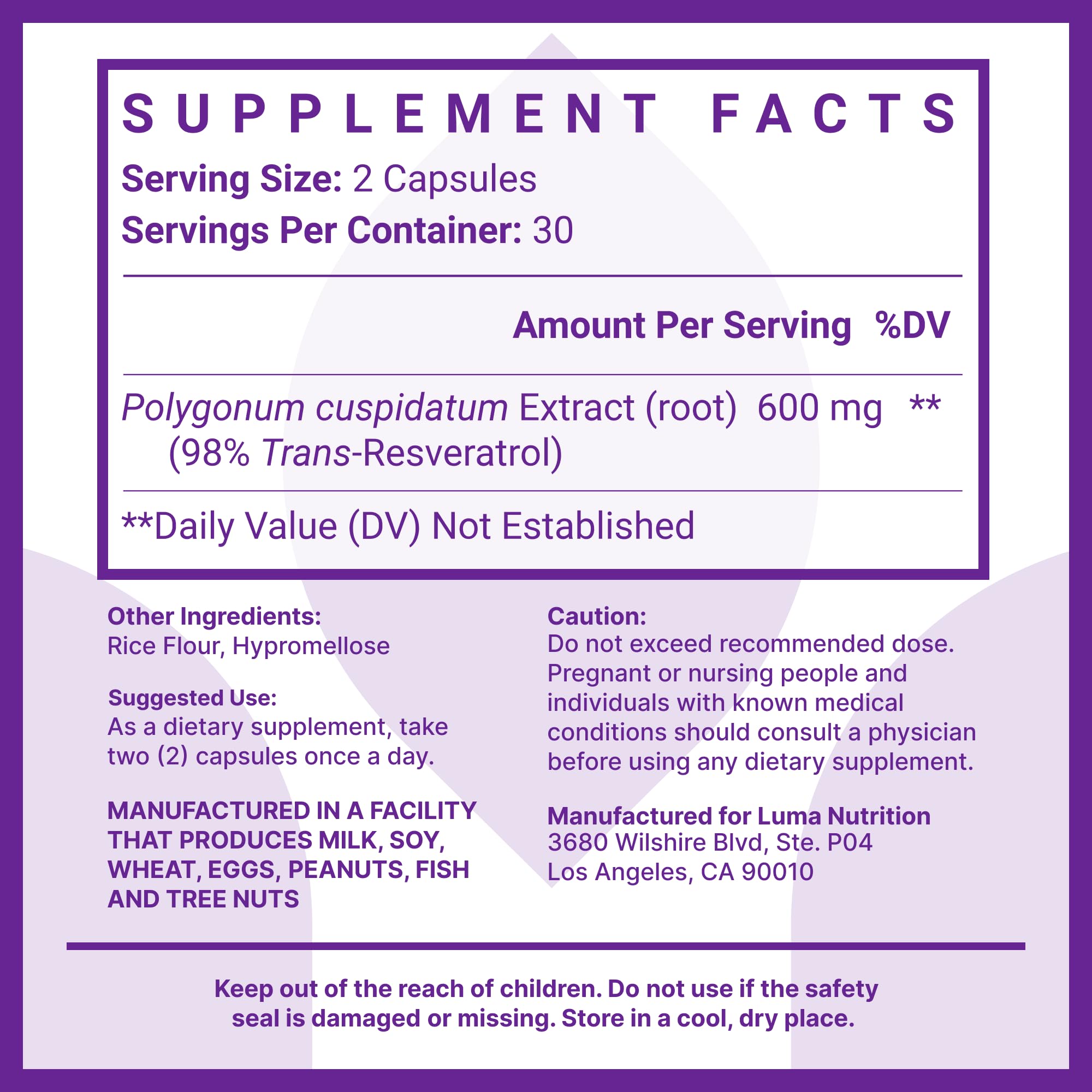 Vegan and gluten-free resveratrol capsules