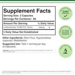Label highlighting 150 mg per serving and 10,000 FU/gram high activity Lumbrokinase