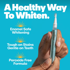 Teeth with coffee stains being targeted by the pen