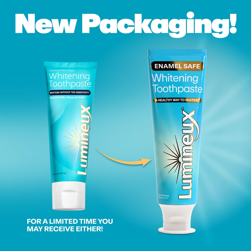 Close-up of Lumineux Whitening Toothpaste tube displaying safe-ingredient icons