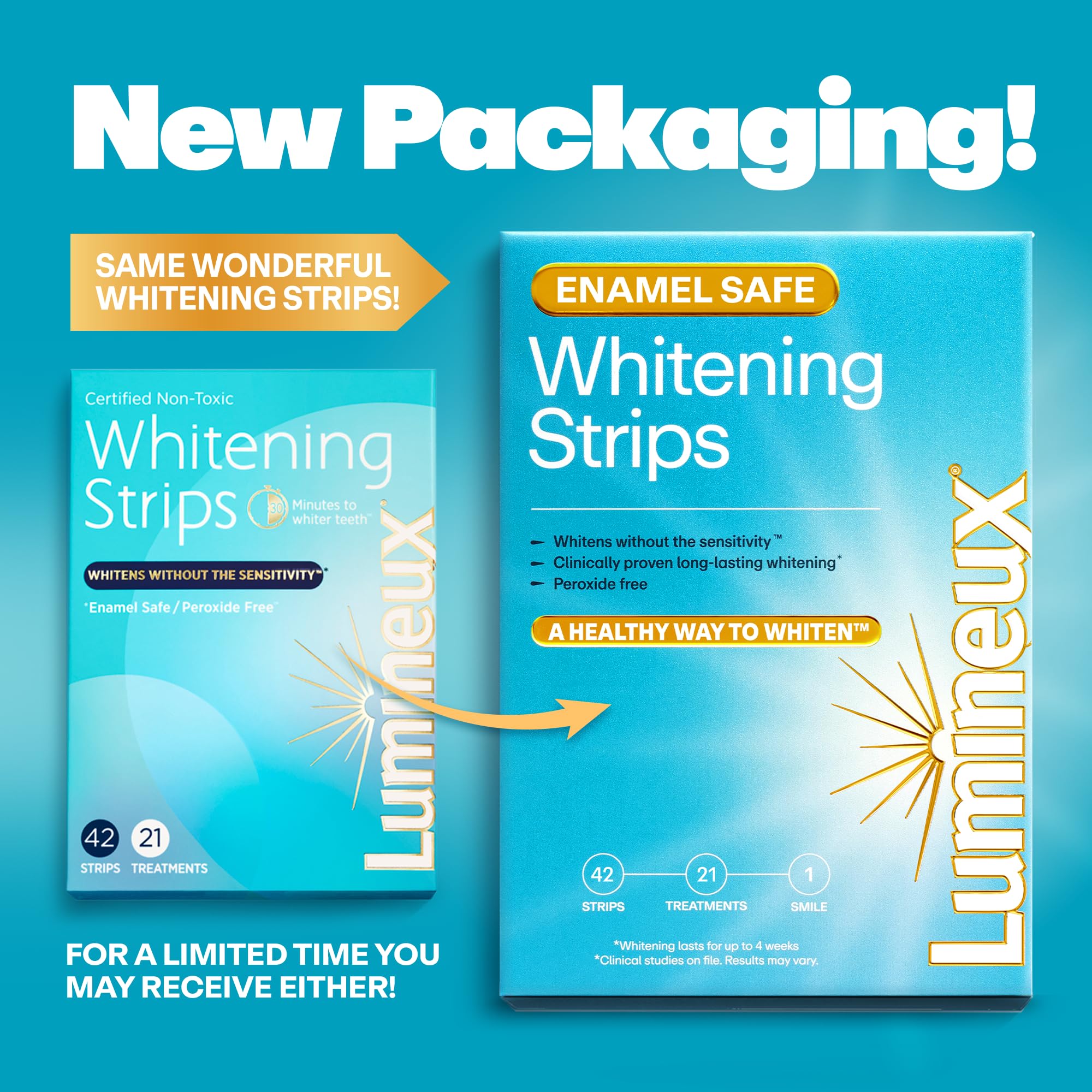 Display of Lumineux whitening strips with 21 treatments