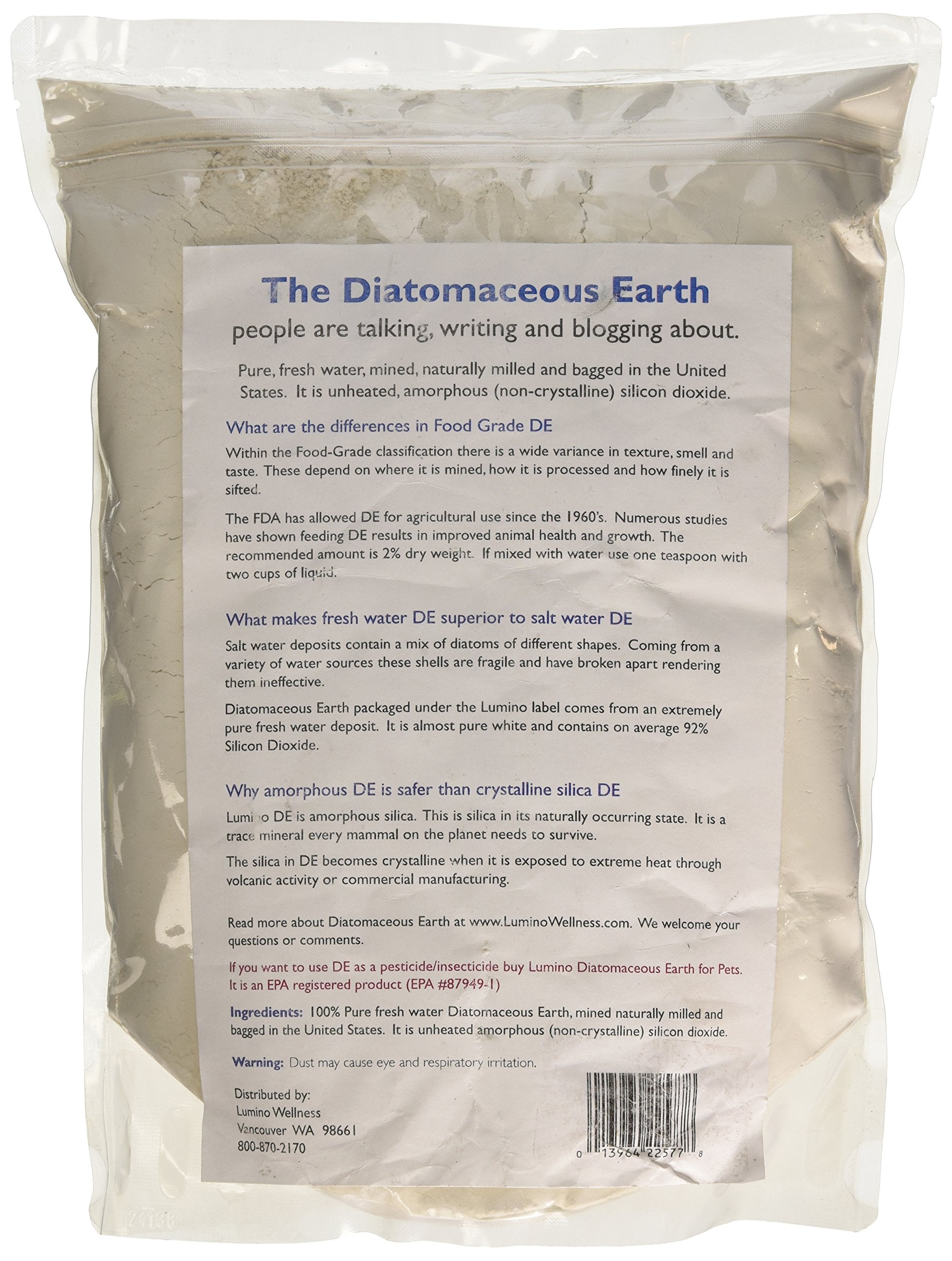 Close-up of Lumino Home diatomaceous earth powder showing near-white color