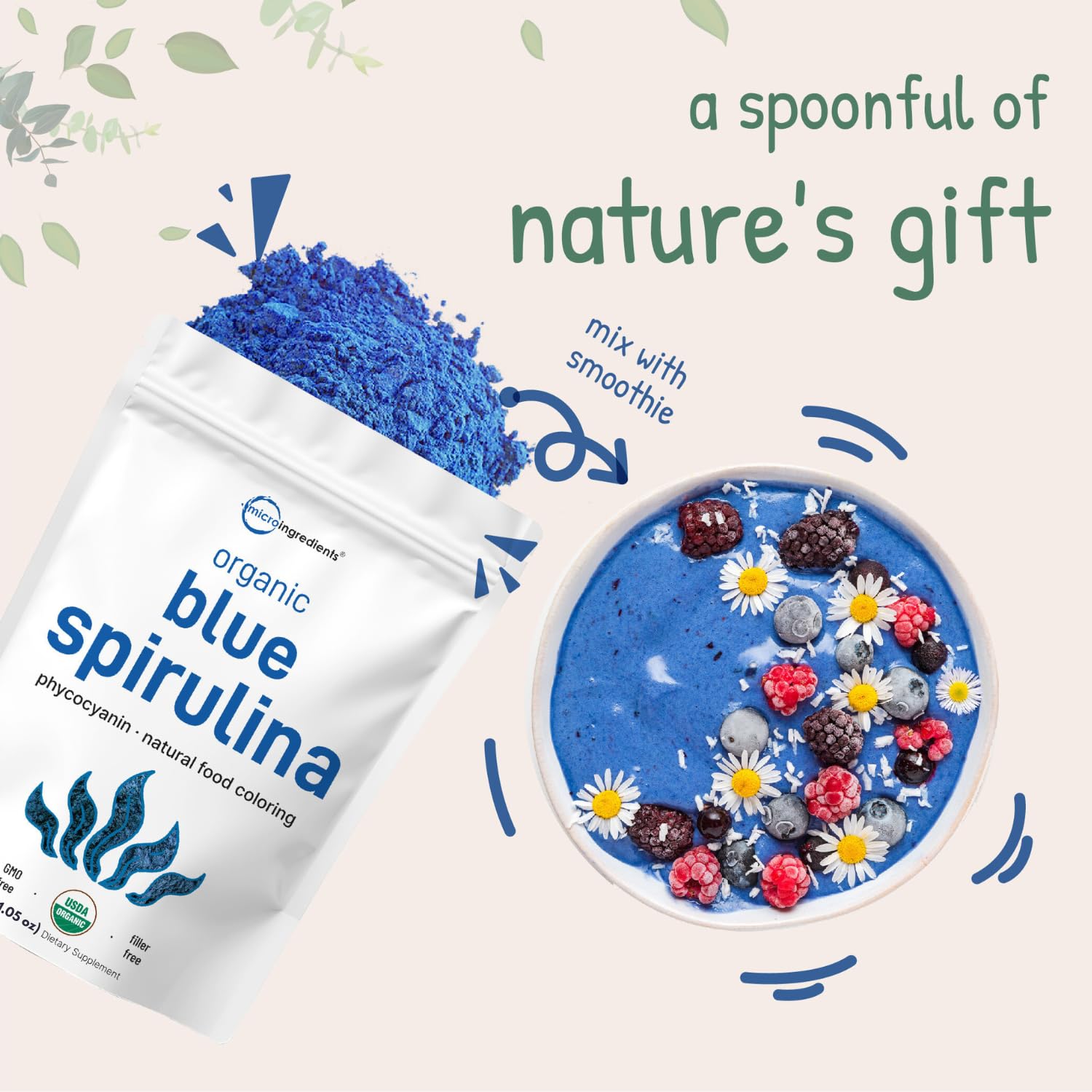 Natural luminous blue color from blue-green algae in food