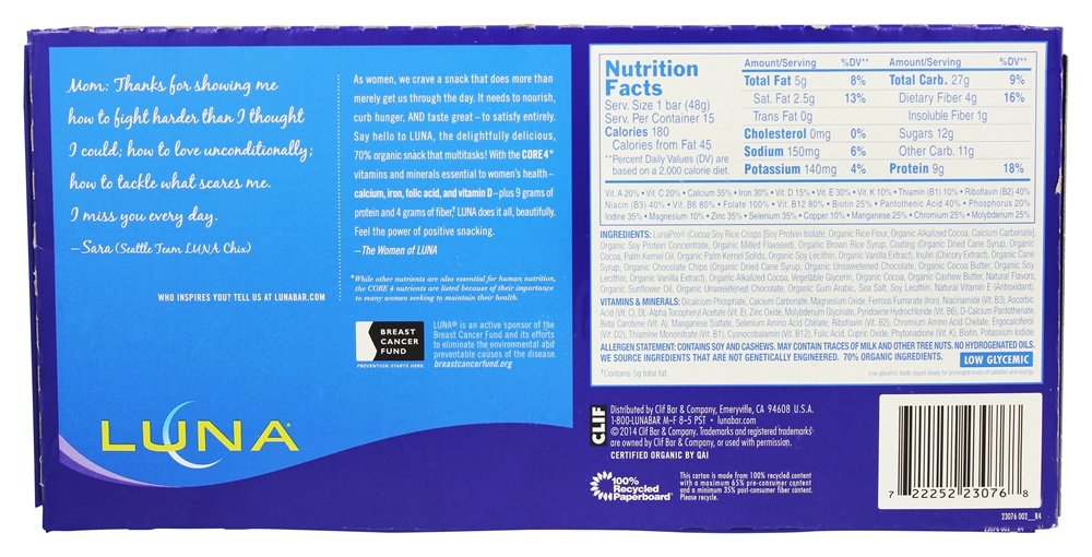 LUNA BAR Chocolate Cupcake 30-count display box