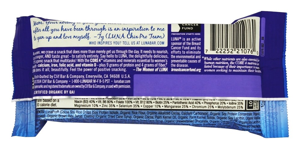 LUNA Bar Chocolate Cupcake nutrition facts highlight 8g protein.