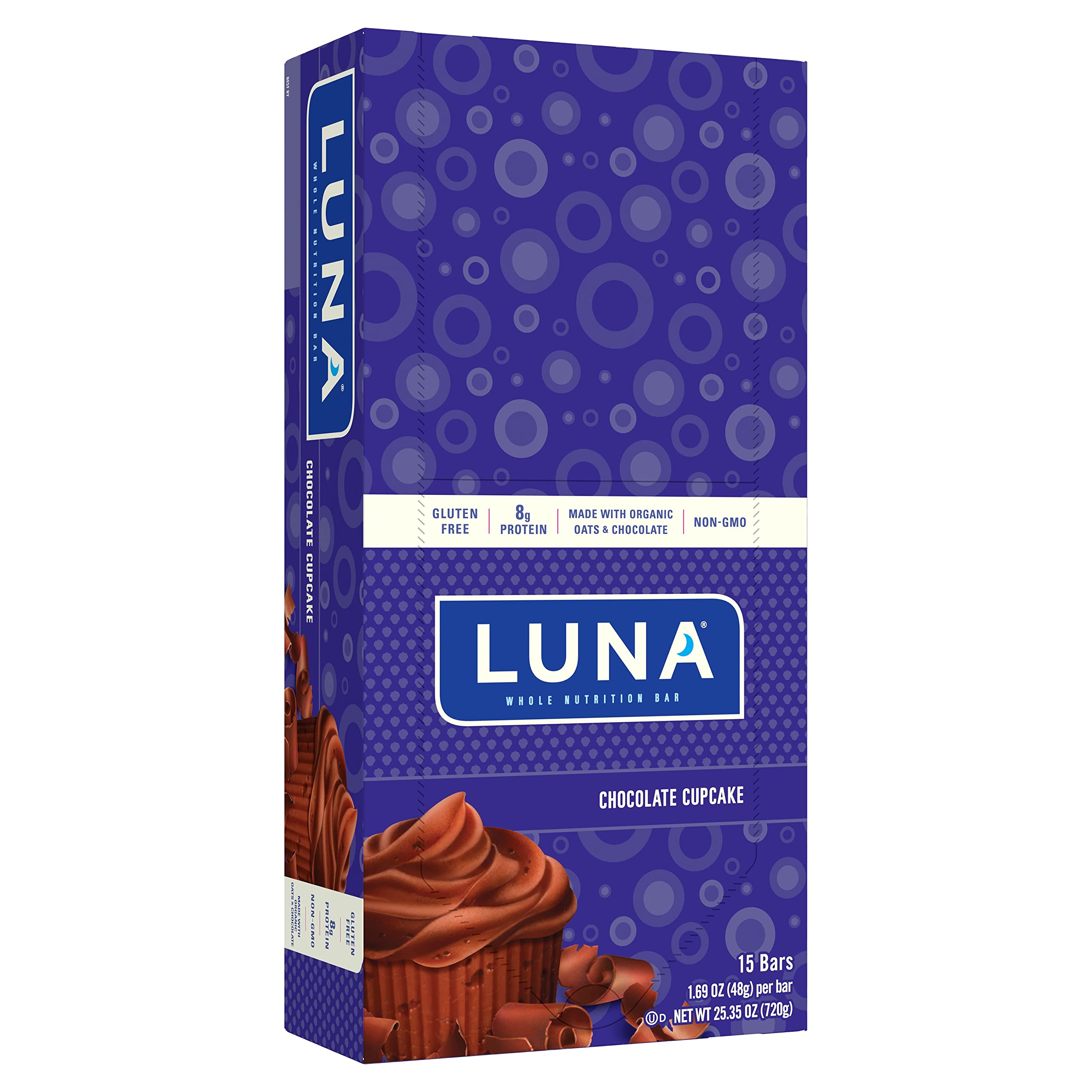 LUNA Bar Chocolate Cupcake pack shot shows a gluten-free, protein-packed snack ready to grab