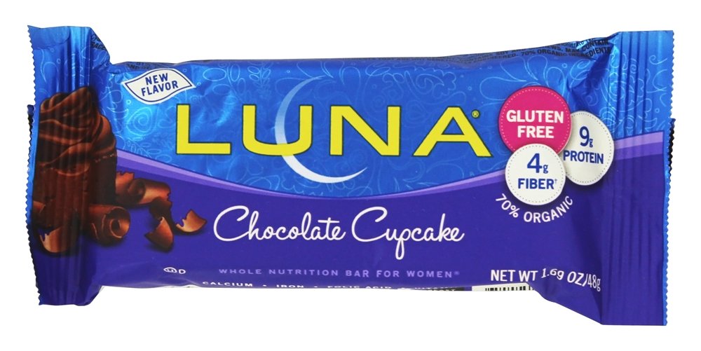 LUNA Bar Chocolate Cupcake packaging highlights gluten-free, on-the-go protein.
