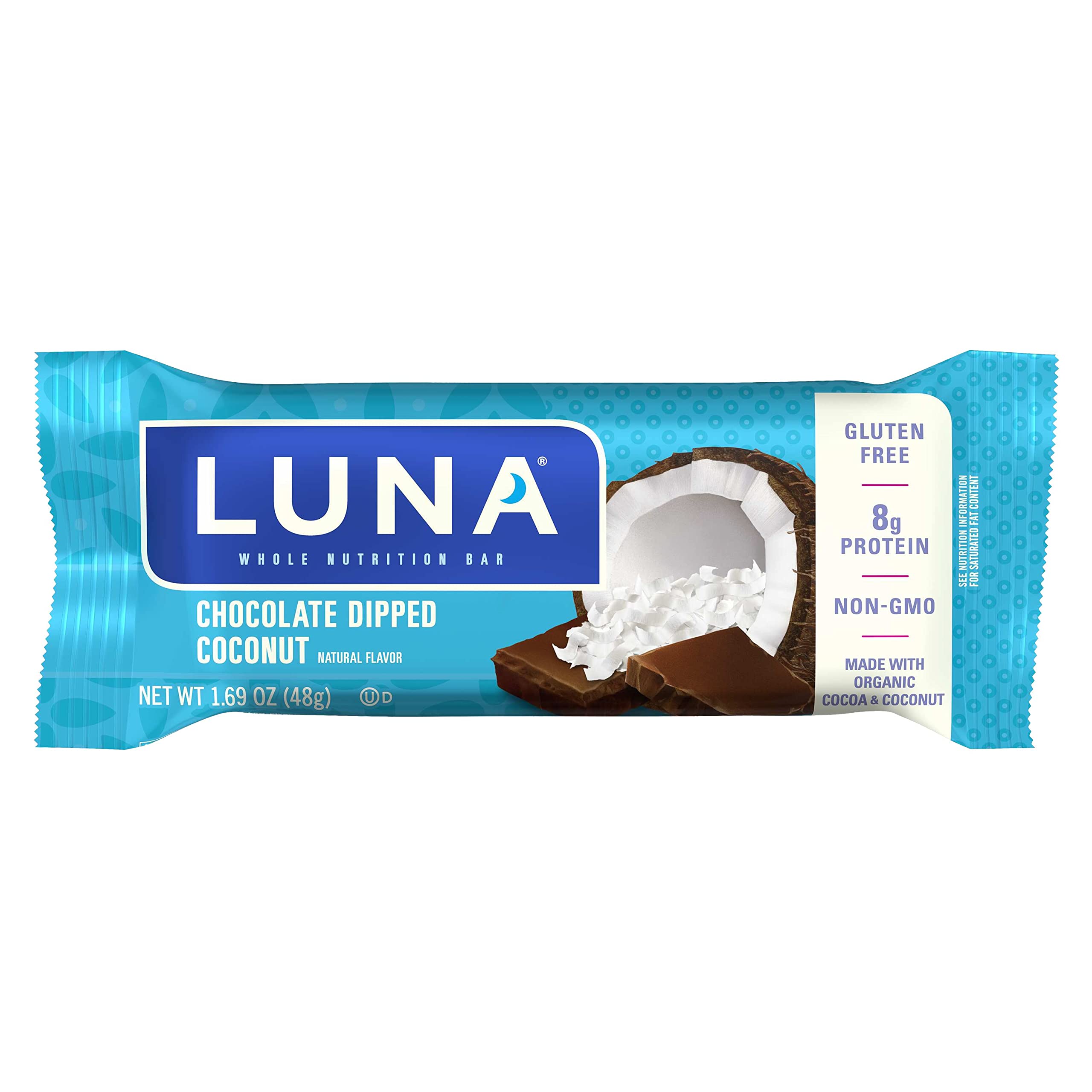 LUNA Bar Chocolate Dipped Coconut close-up of ingredients shows non-GMO plant-based protein.