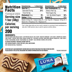 LUNA Bar Chocolate Dipped Coconut pack front emphasizes gluten-free, plant-based snack option.