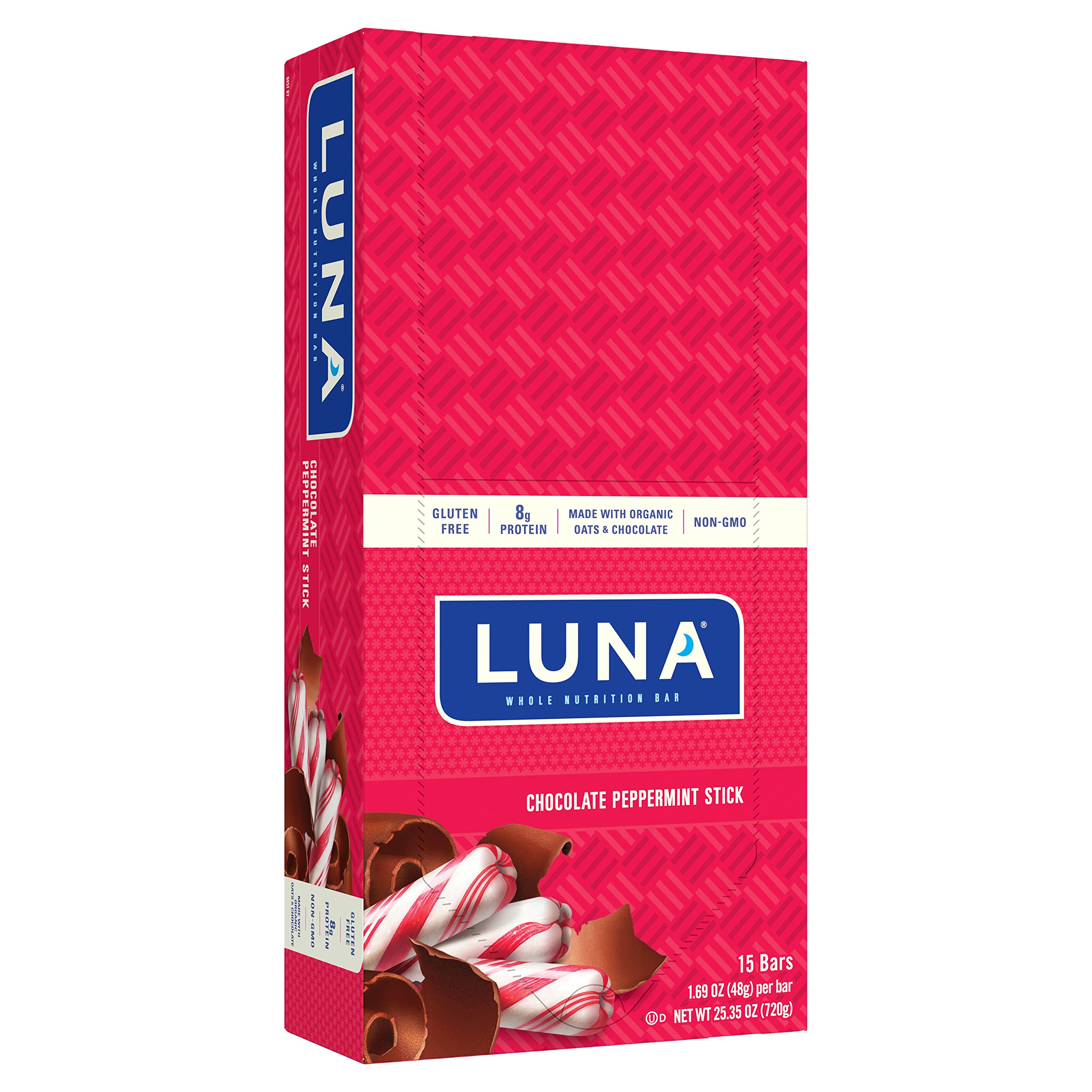 LUNA Bar Chocolate Peppermint Stick packaging highlights gluten-free, plant-based snacking option.