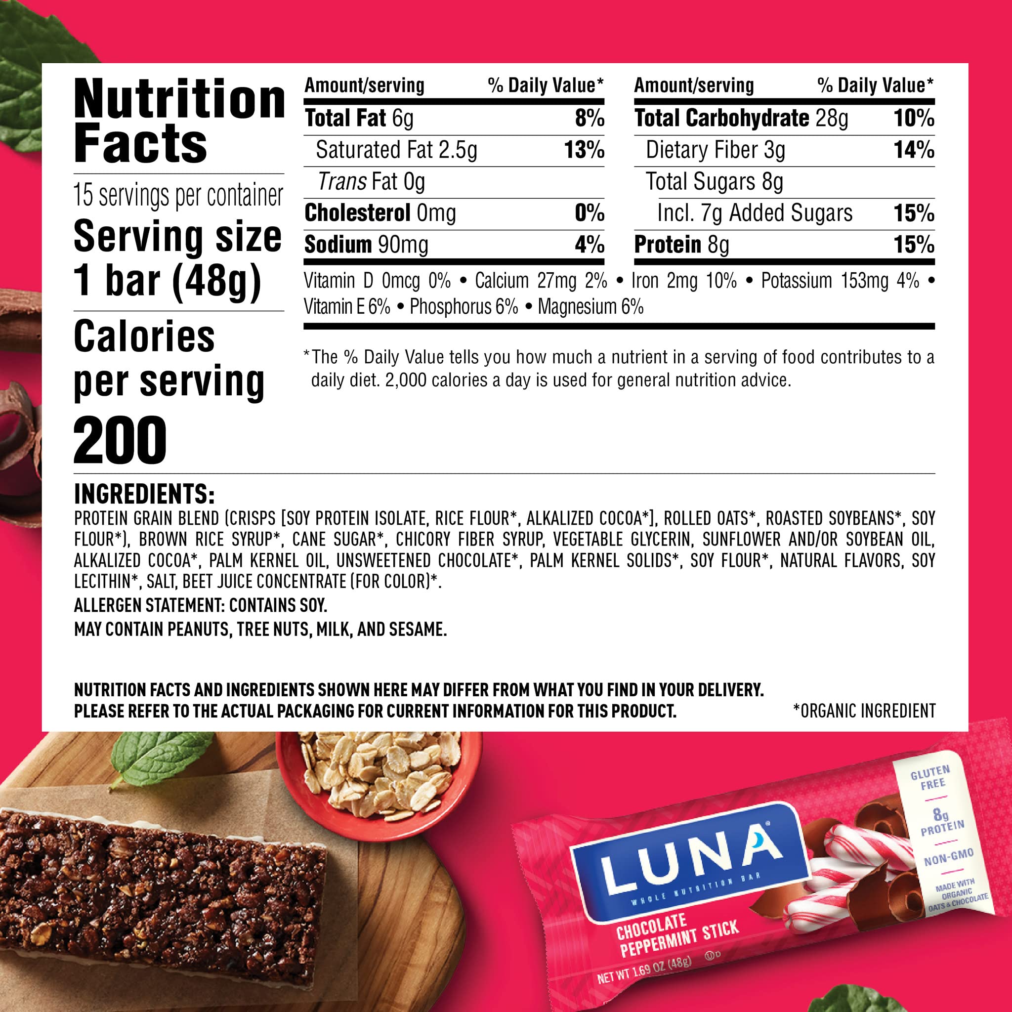 LUNA Bar packaging label for Chocolate Peppermint Stick