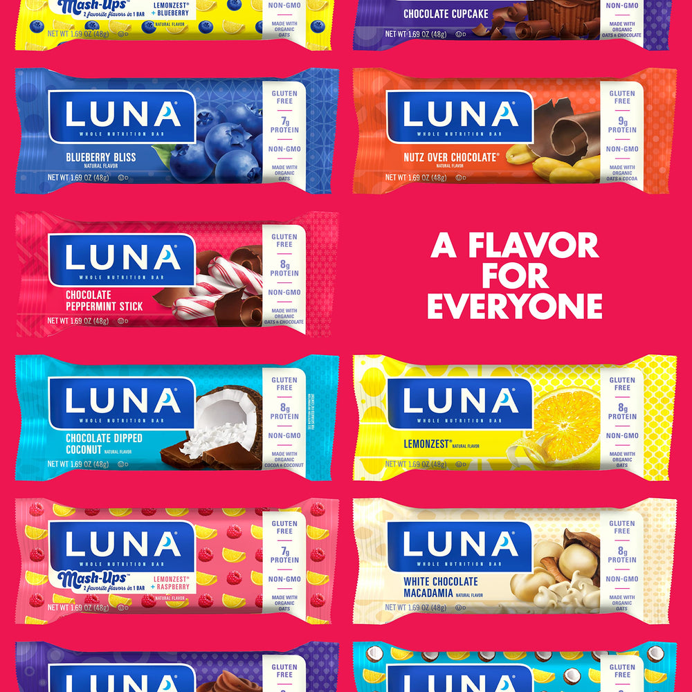 LUNA Bar energy snack lifestyle image suggests quick, tasty motivation during activities.