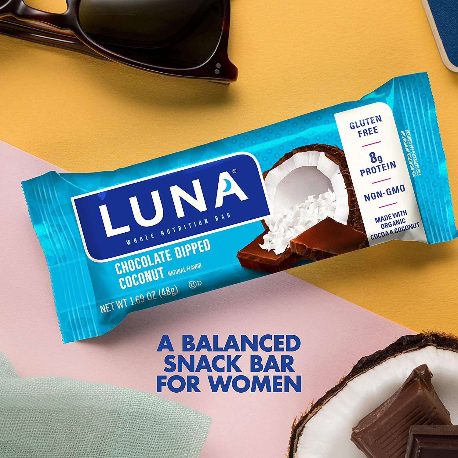Stacked LUNA Bars showcasing chocolate coconut flavor