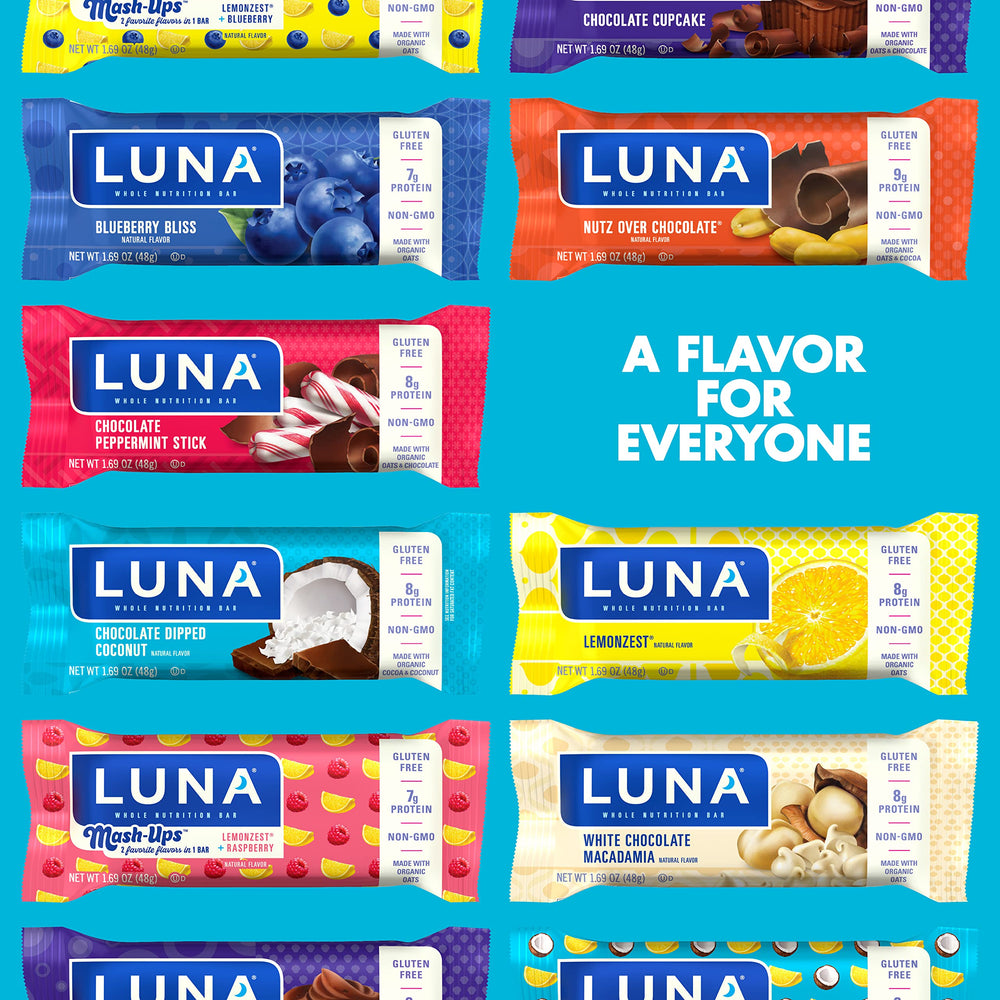 LUNA Bar on-the-go snack, gluten-free and vegan, with 8g protein.