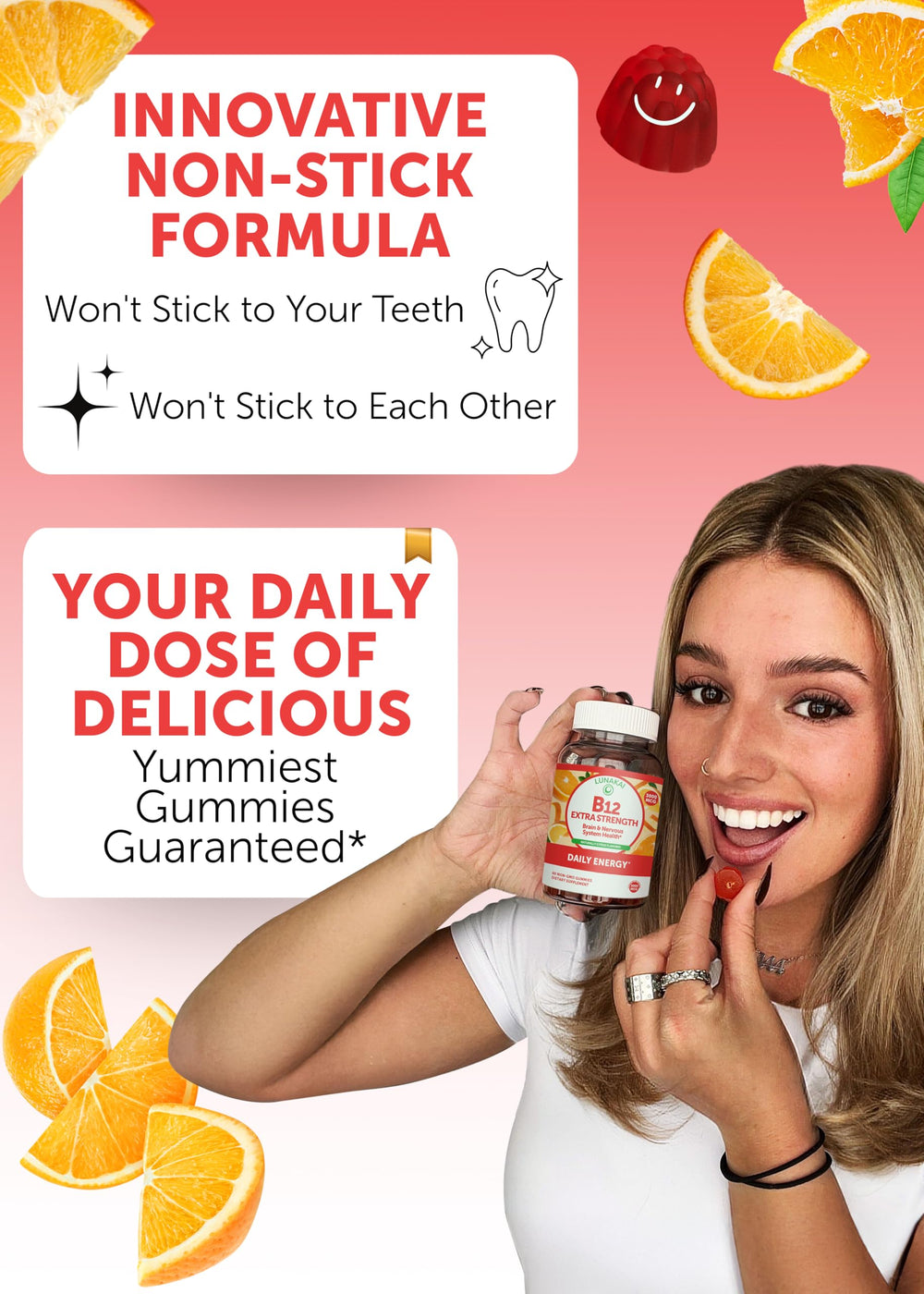 Close-up of Lunakai B12 gummies with citrus flavor