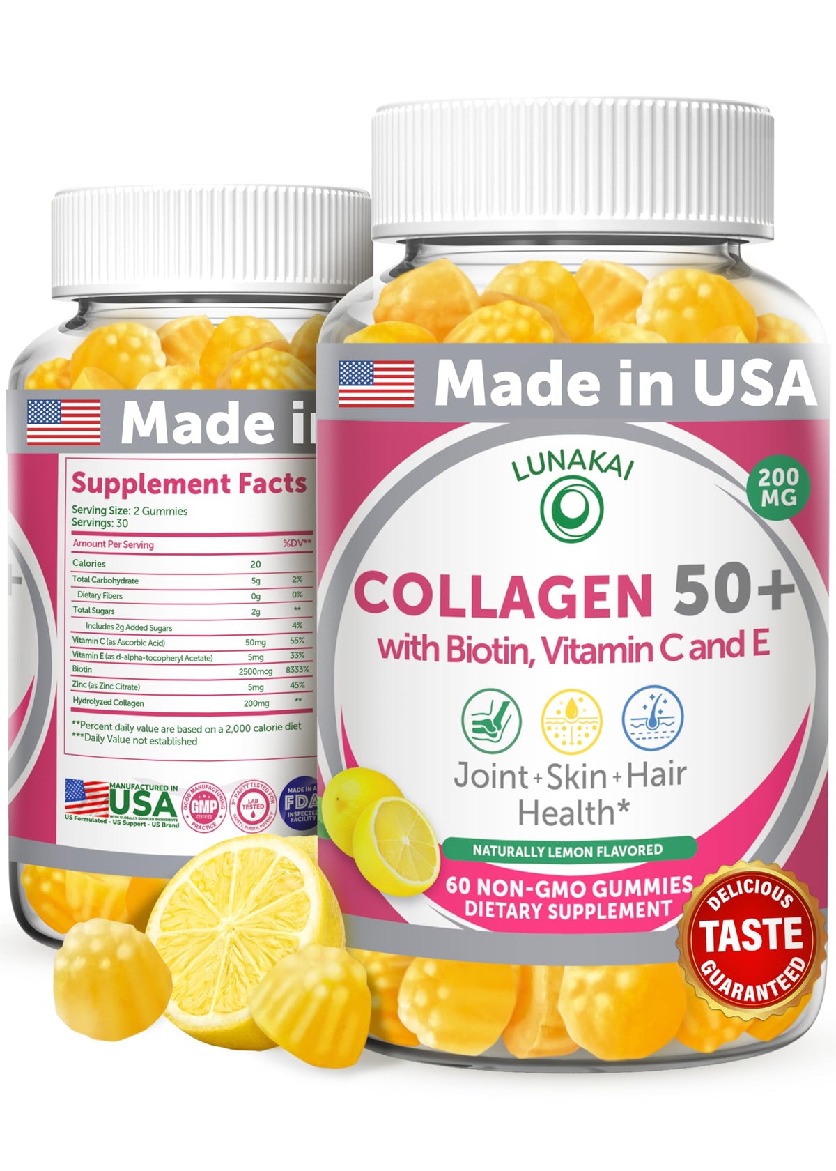 Lunakai Collagen Gummies bottle front - USA Made, lemon flavor