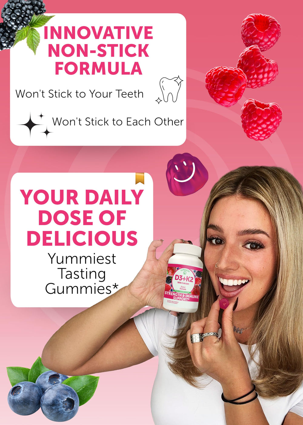 Ingredient panel for Lunakai D3 K2 gummies with calcium